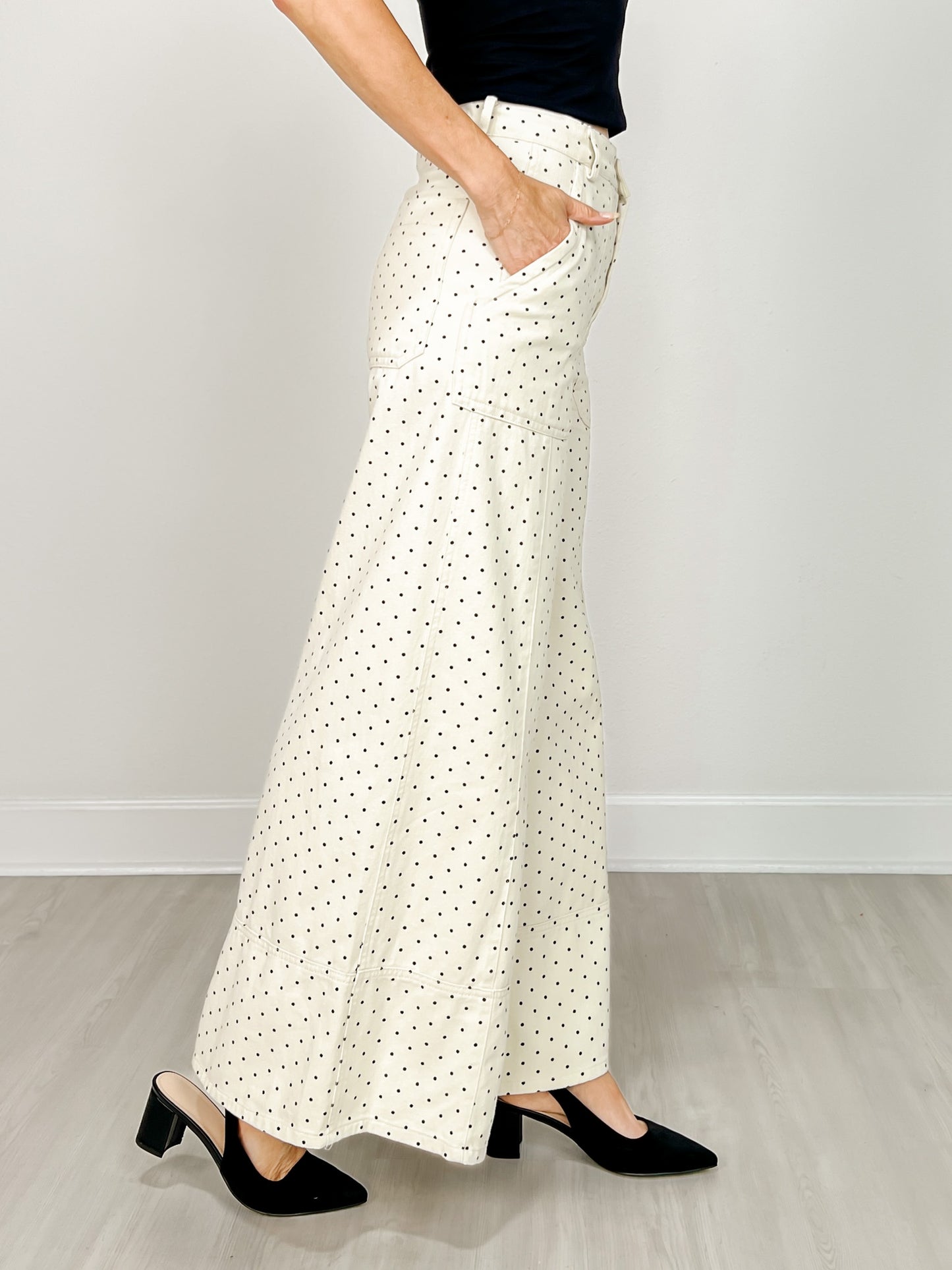 High Waist Wide Leg Pants with Roomy Front Pockets in Cream Dot