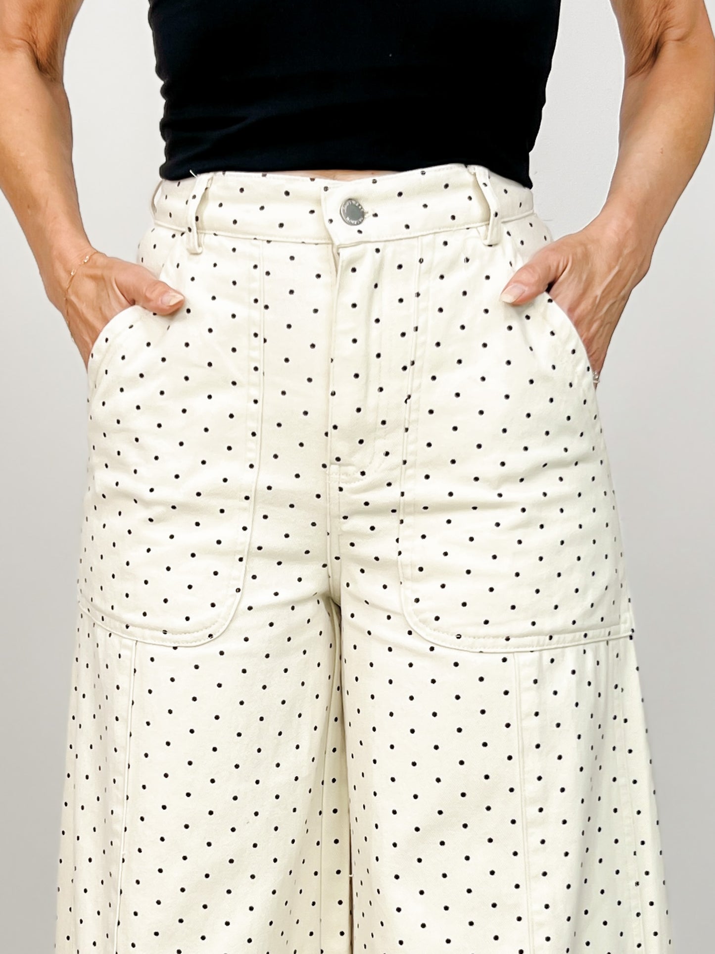 High Waist Wide Leg Pants with Roomy Front Pockets in Cream Dot