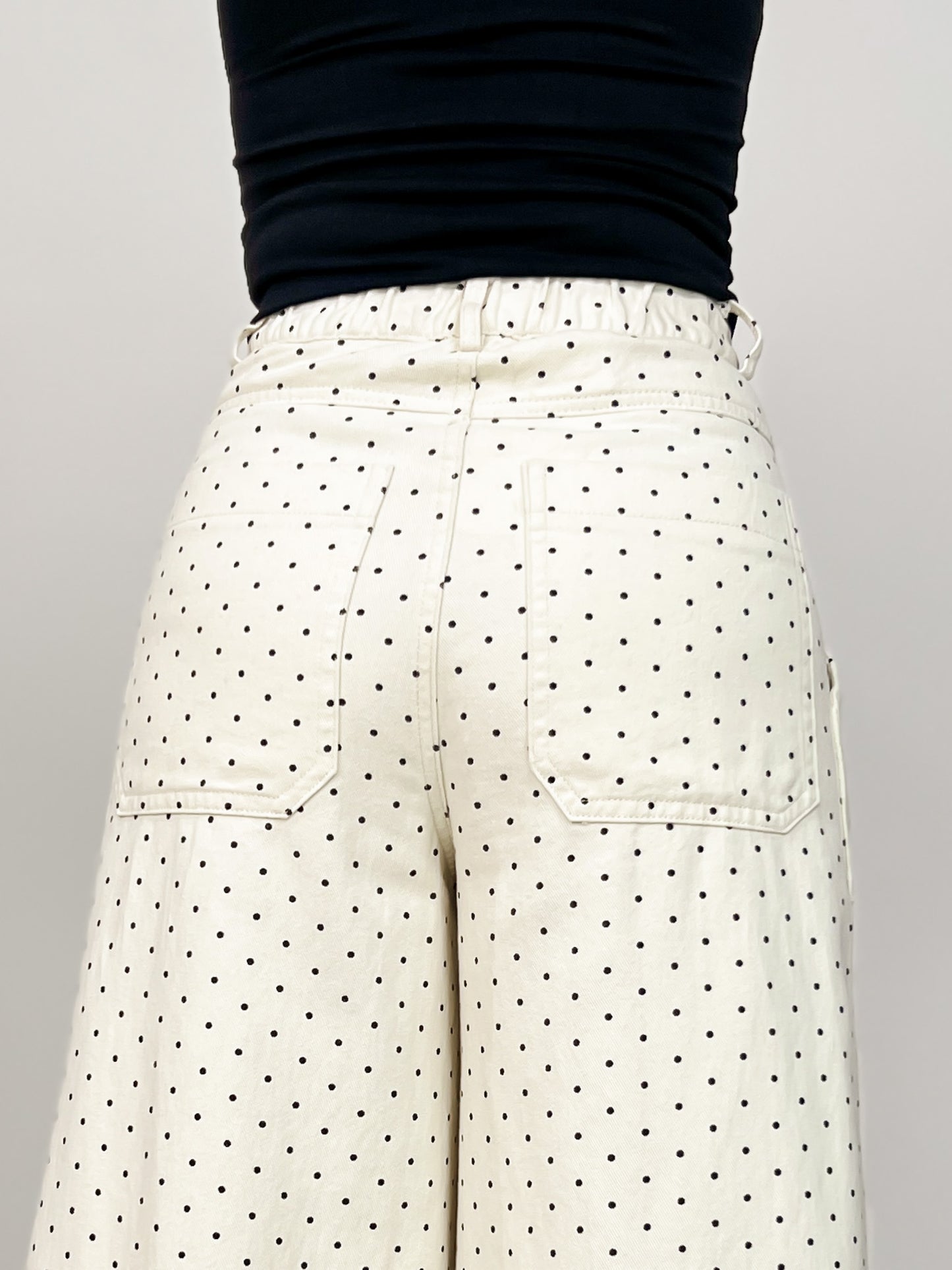 High Waist Wide Leg Pants with Roomy Front Pockets in Cream Dot