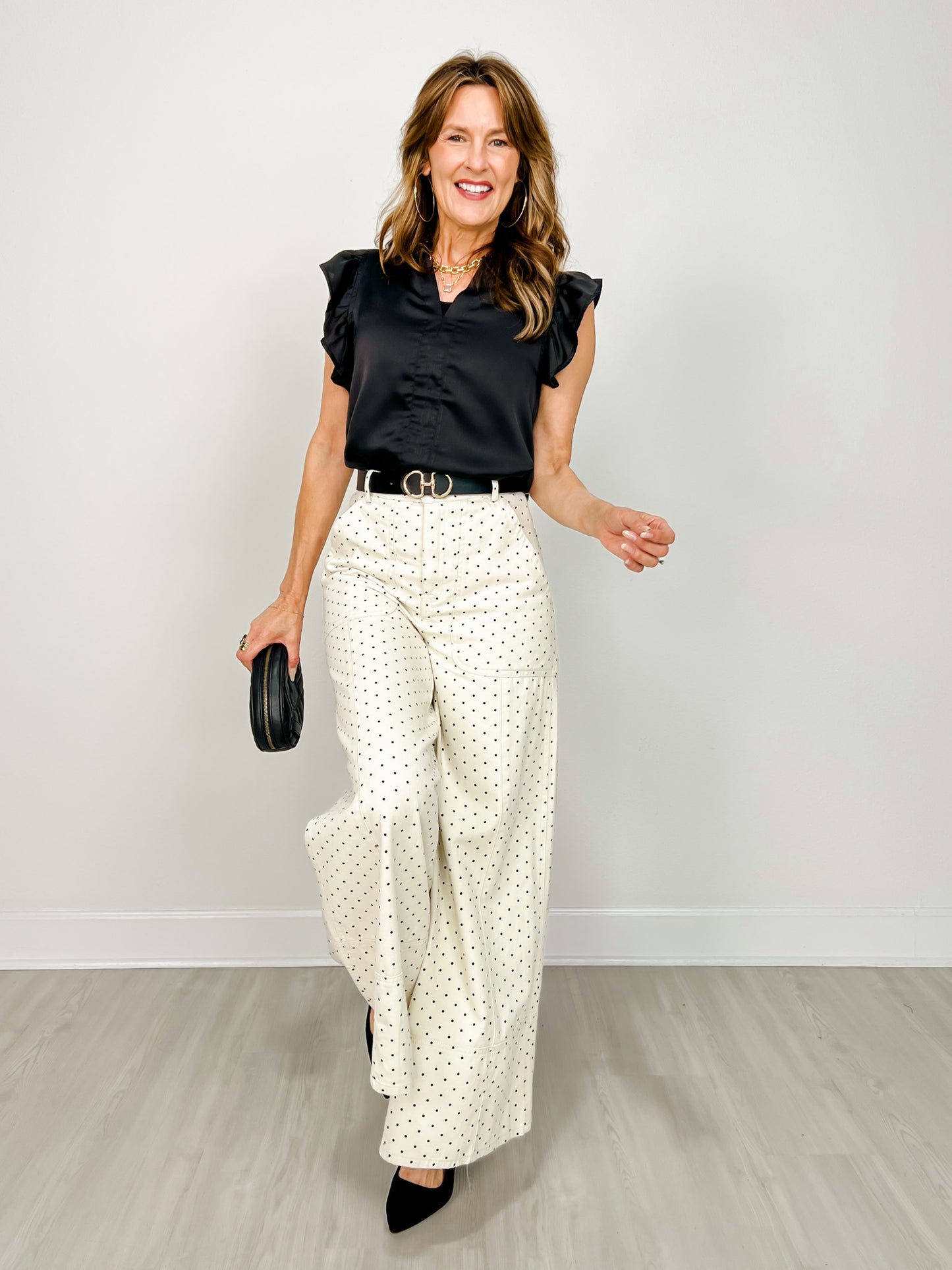 High Waist Wide Leg Pants with Roomy Front Pockets in Cream Dot