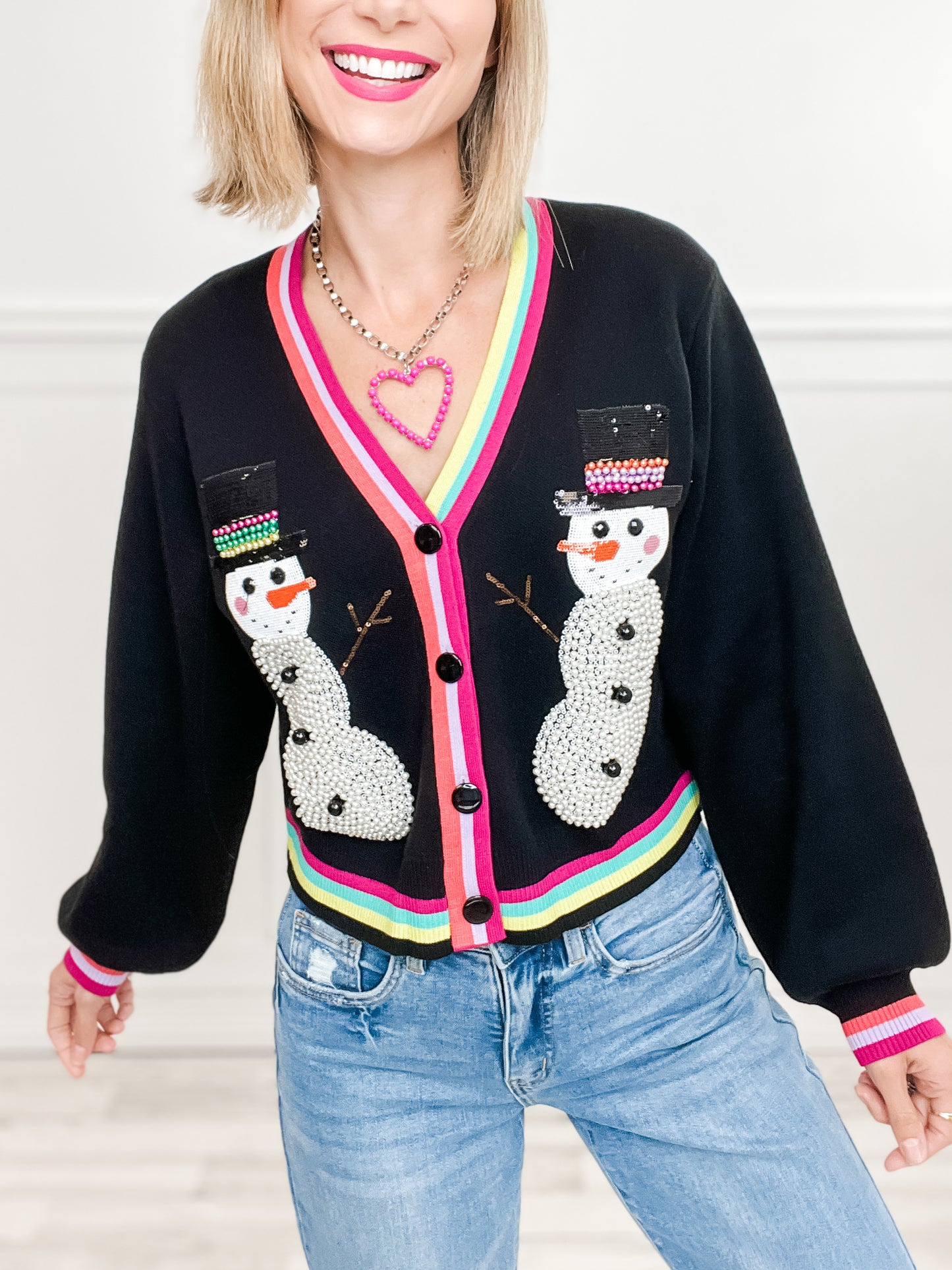 Queen of Sparkles Black Pearl Snowmen Cardigan