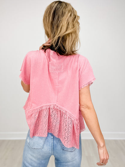 Round Neck Short Sleeve Crochet Contrast Knit Top
