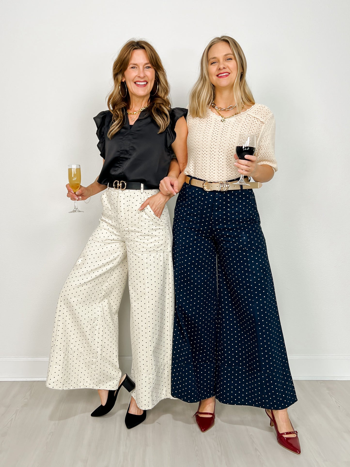 High Waist Wide Leg Pants with Roomy Front Pockets in Cream Dot