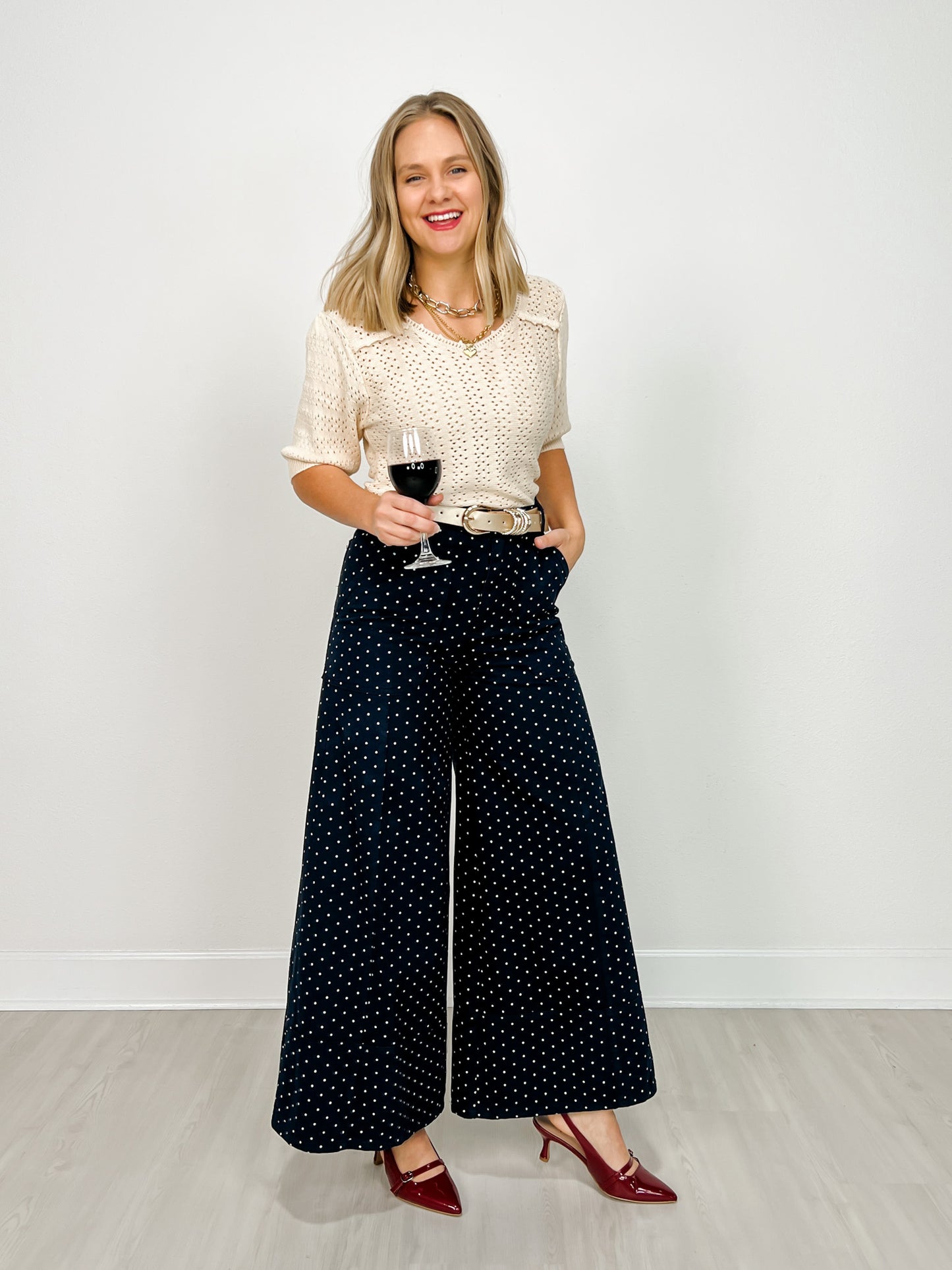 High Waist Wide Leg Pants with Roomy Front Pockets in Navy Dot