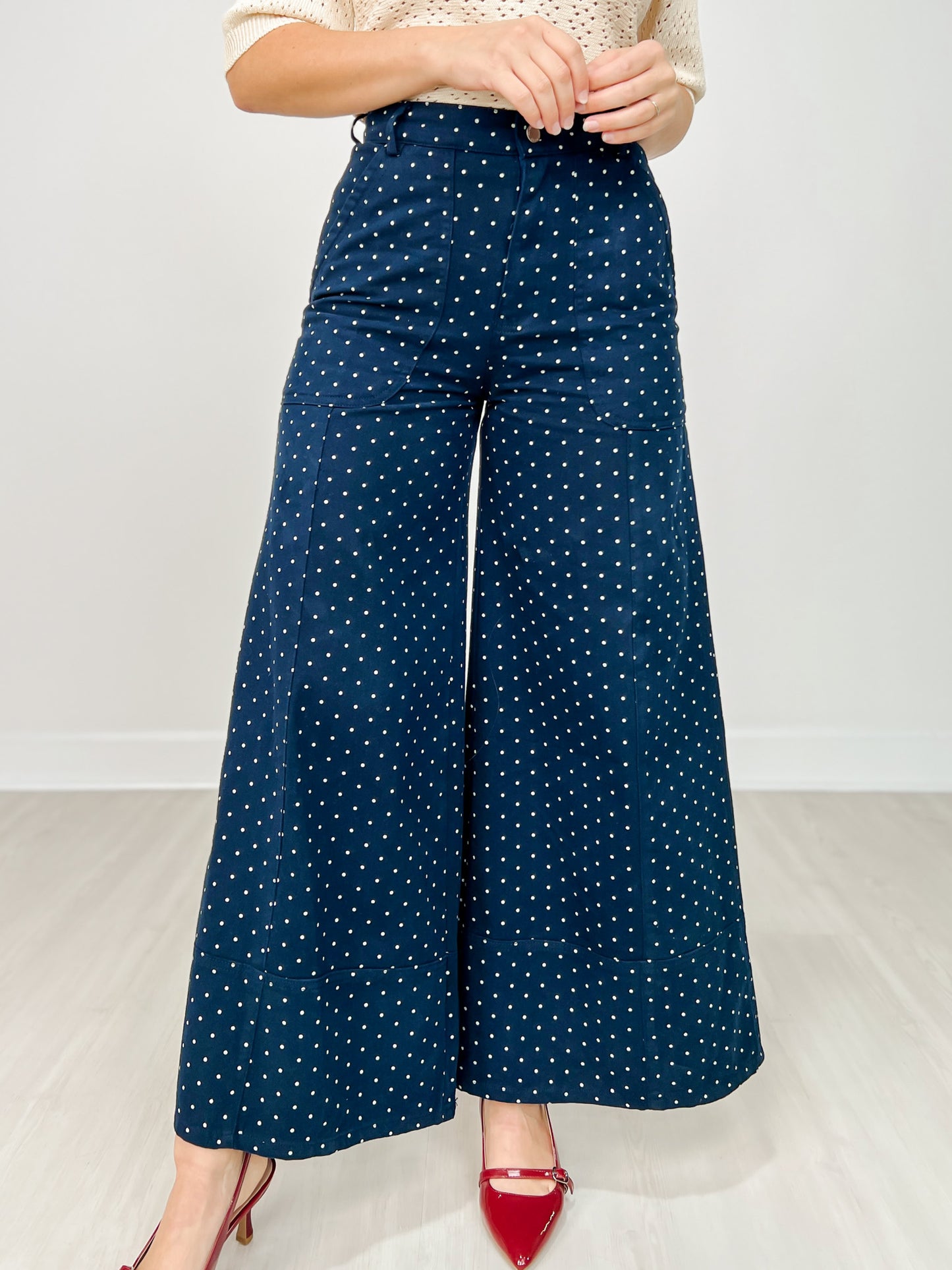 High Waist Wide Leg Pants with Roomy Front Pockets in Navy Dot