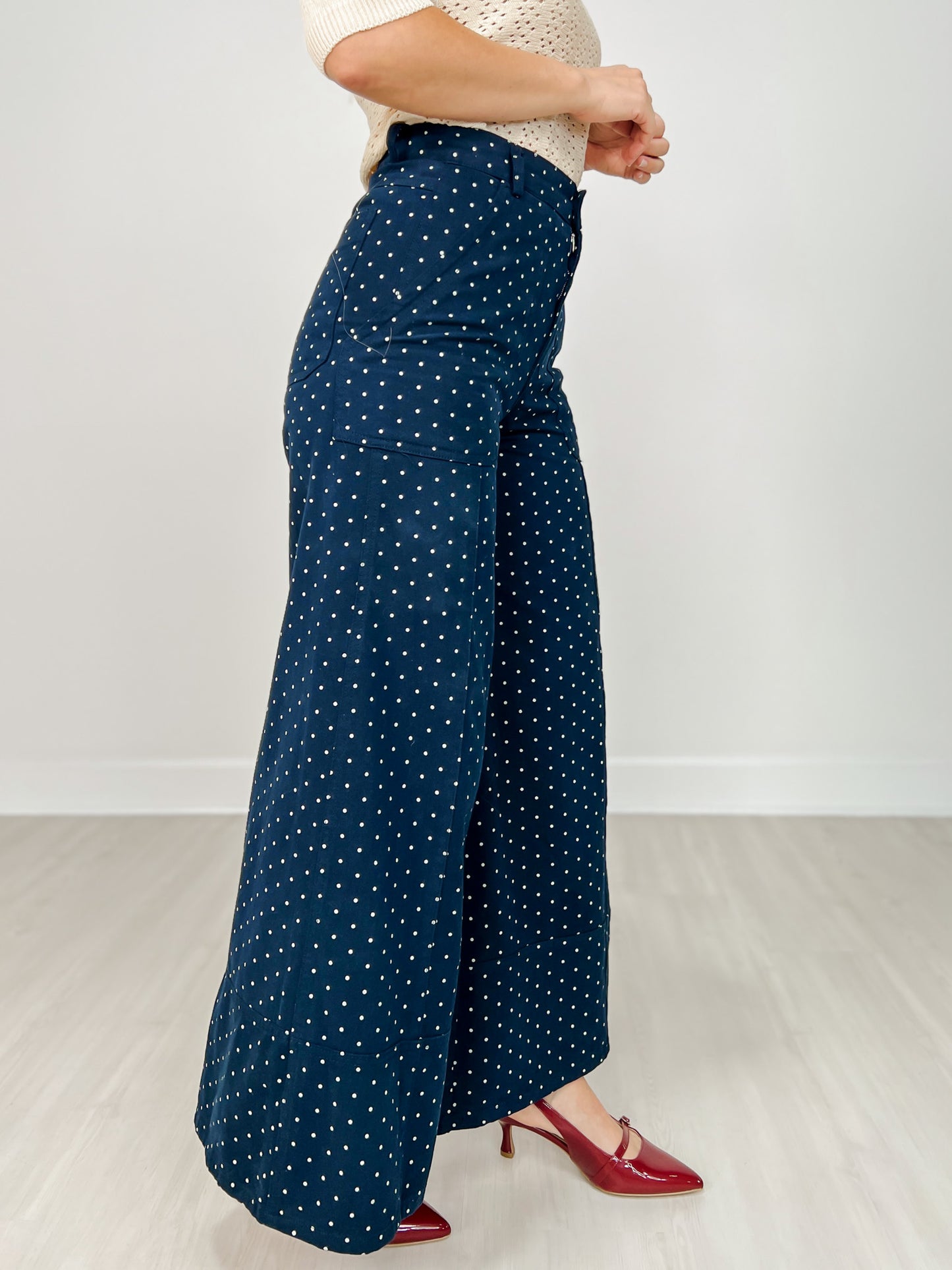 High Waist Wide Leg Pants with Roomy Front Pockets in Navy Dot