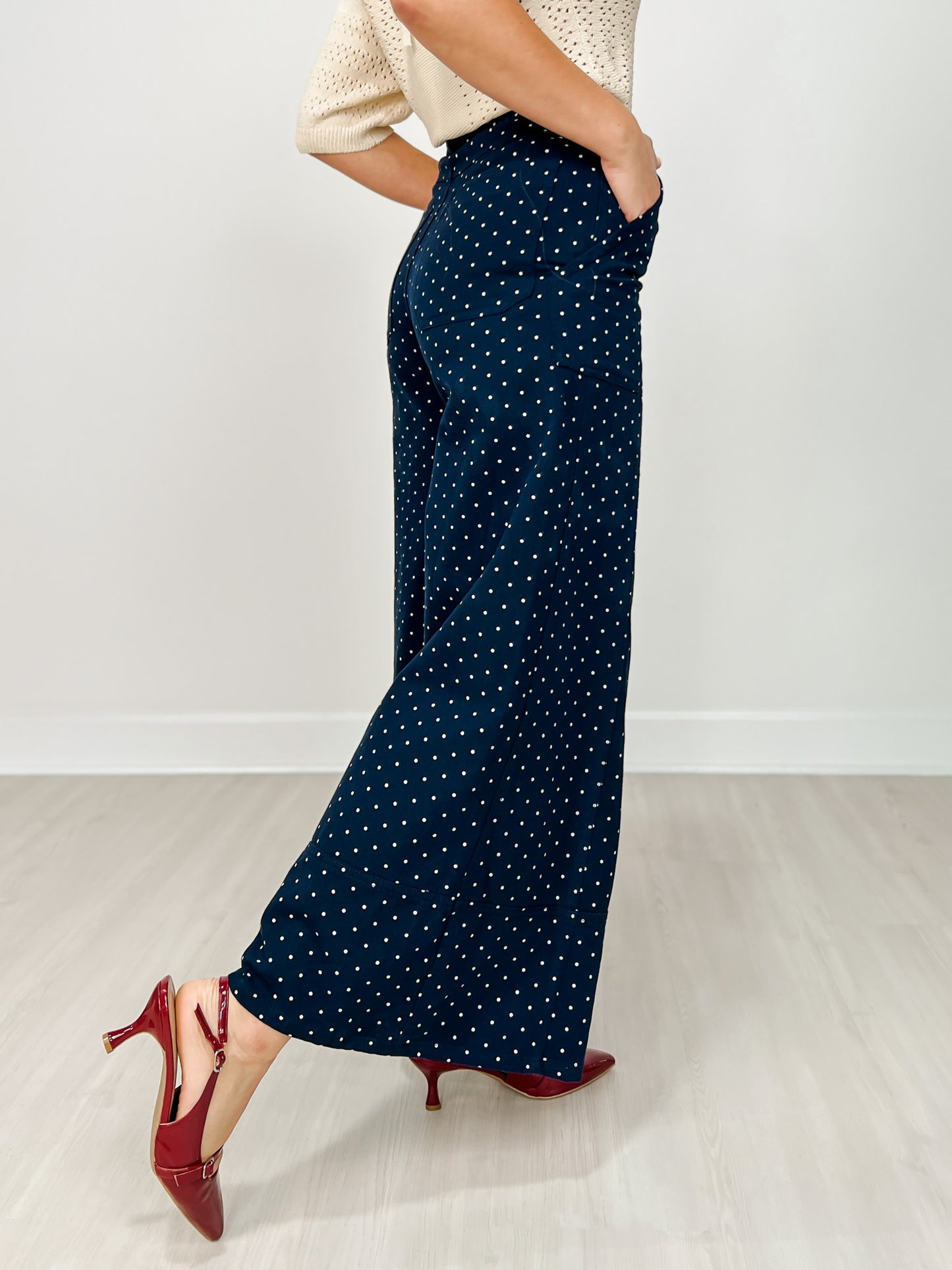 High Waist Wide Leg Pants with Roomy Front Pockets in Navy Dot