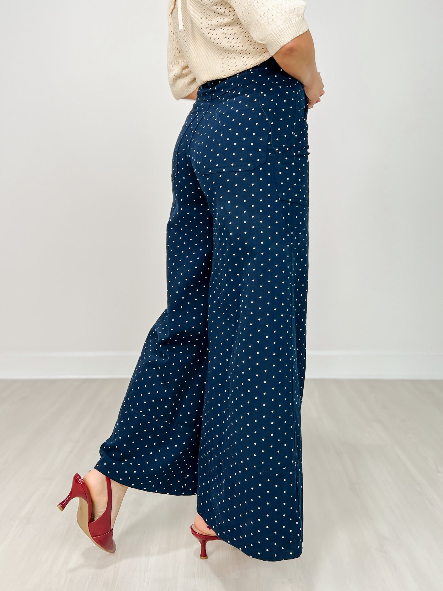 High Waist Wide Leg Pants with Roomy Front Pockets in Navy Dot