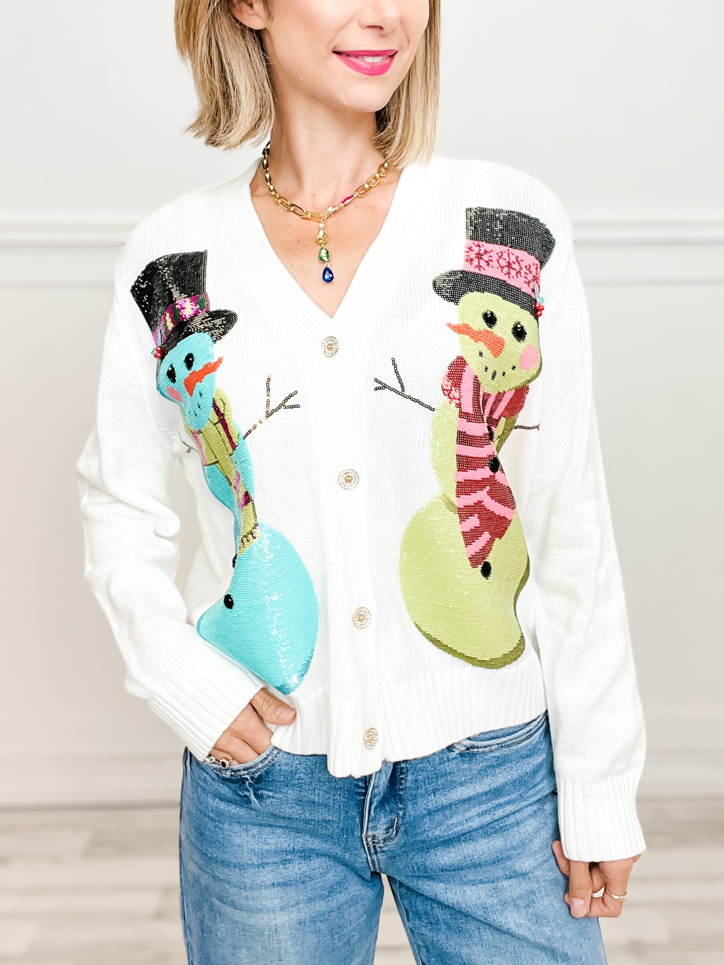 Queen of Sparkles White Snowmen Cardigan