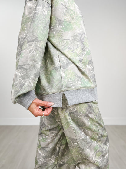Camo Print Casual Knit Top and Barrel Pant Set