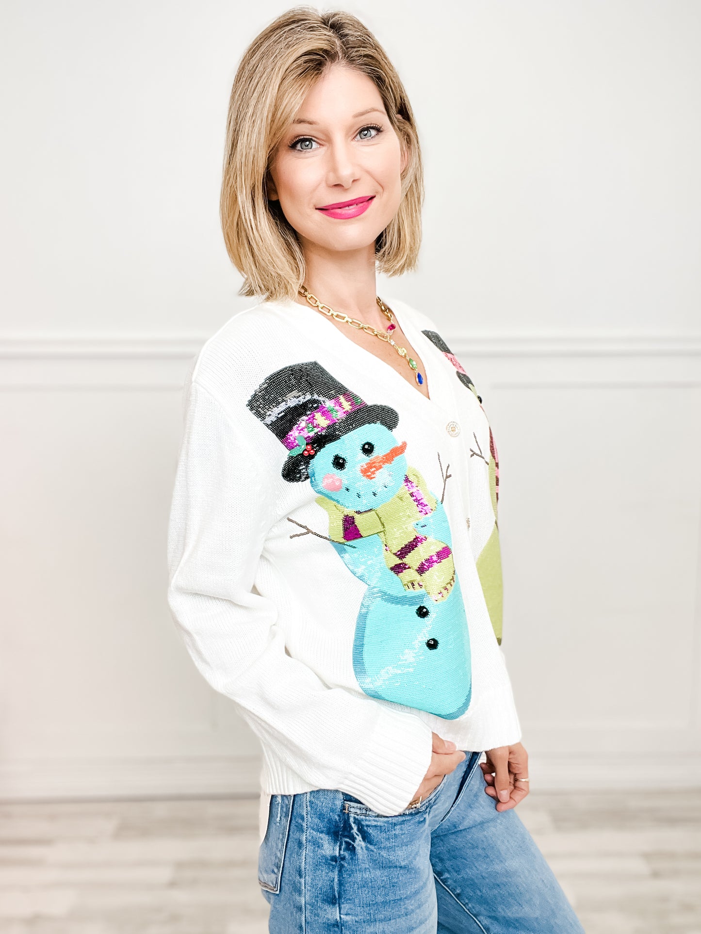 Queen of Sparkles White Snowmen Cardigan