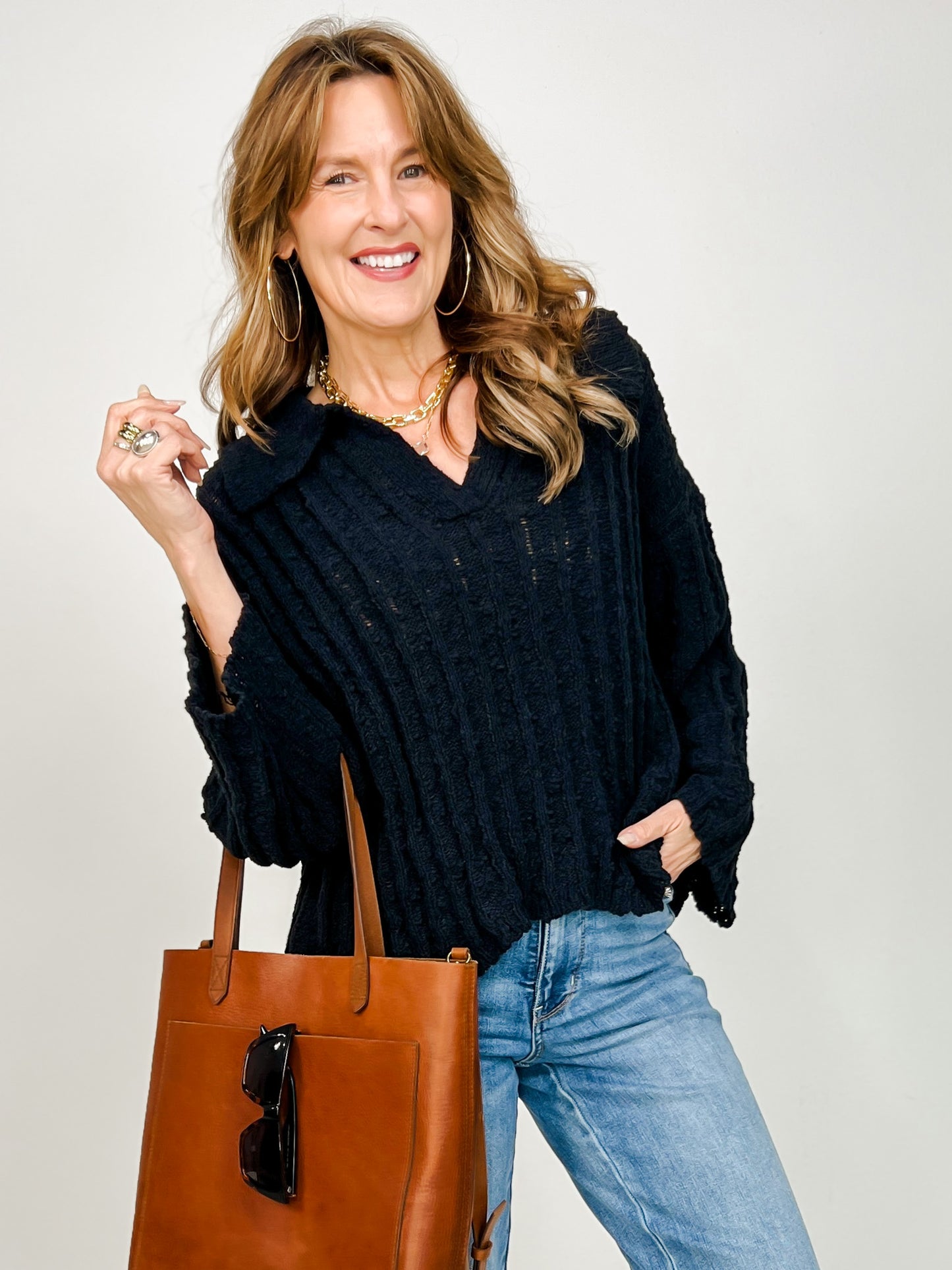 Hi-Lo Hem Collared Knit Sweater