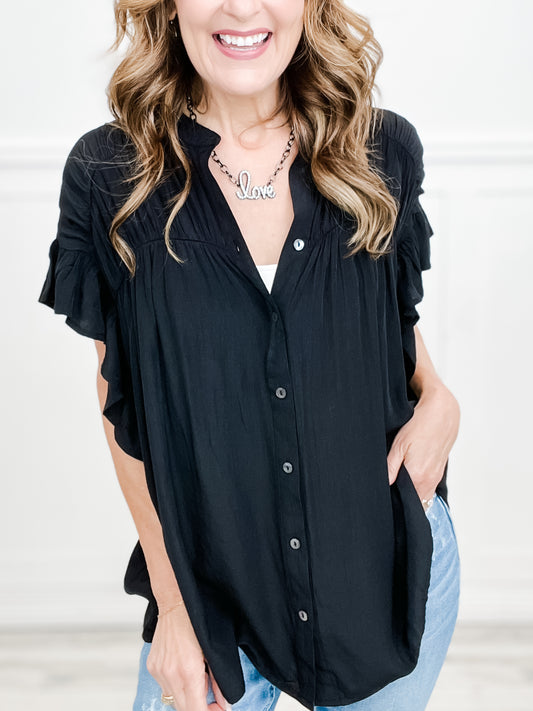 Yours To Keep Short Sleeve Button Up Top with Ruffled Sleeves