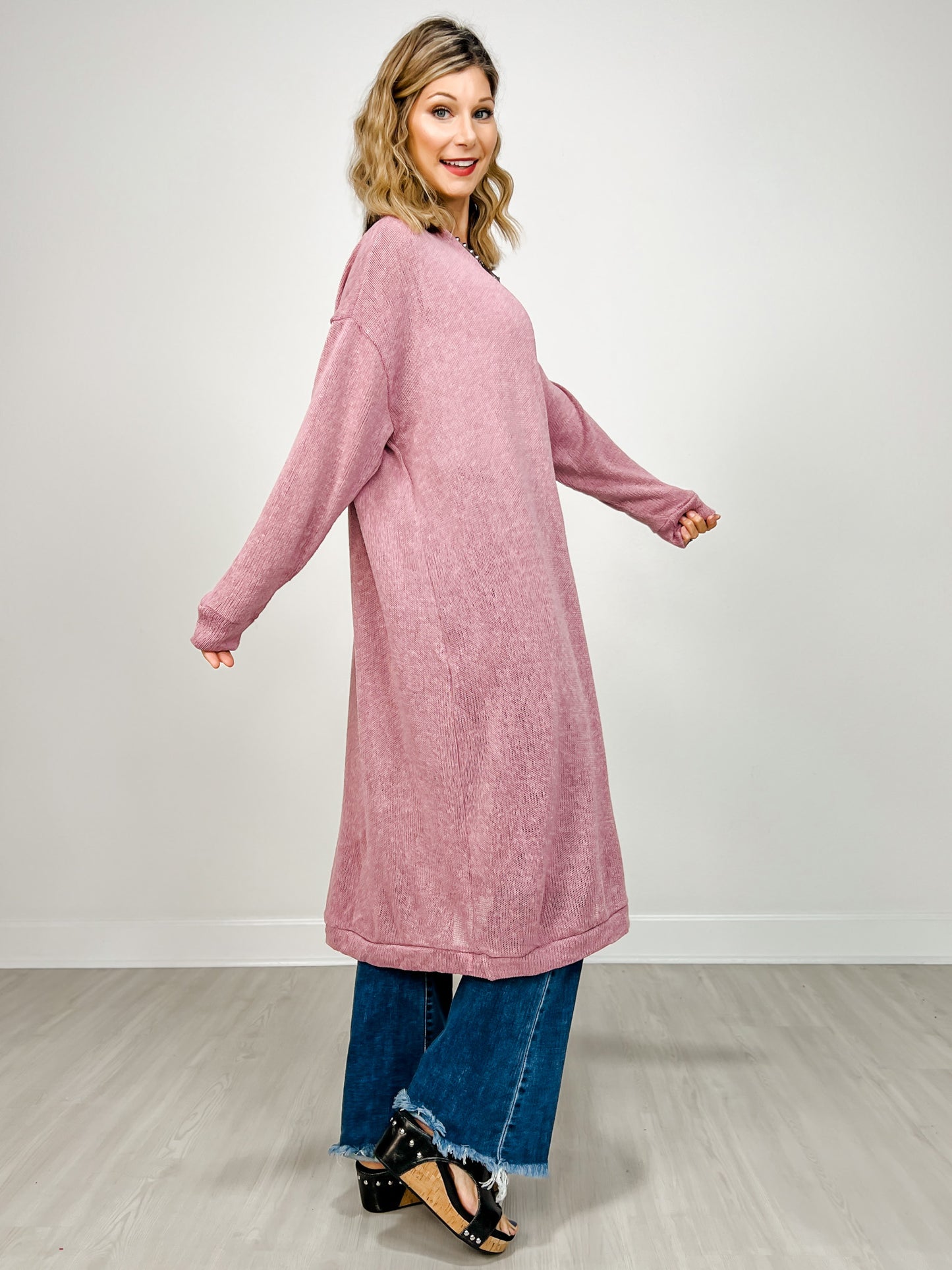 Lightweight Long Cardigan Sweater in Cashmere Rose