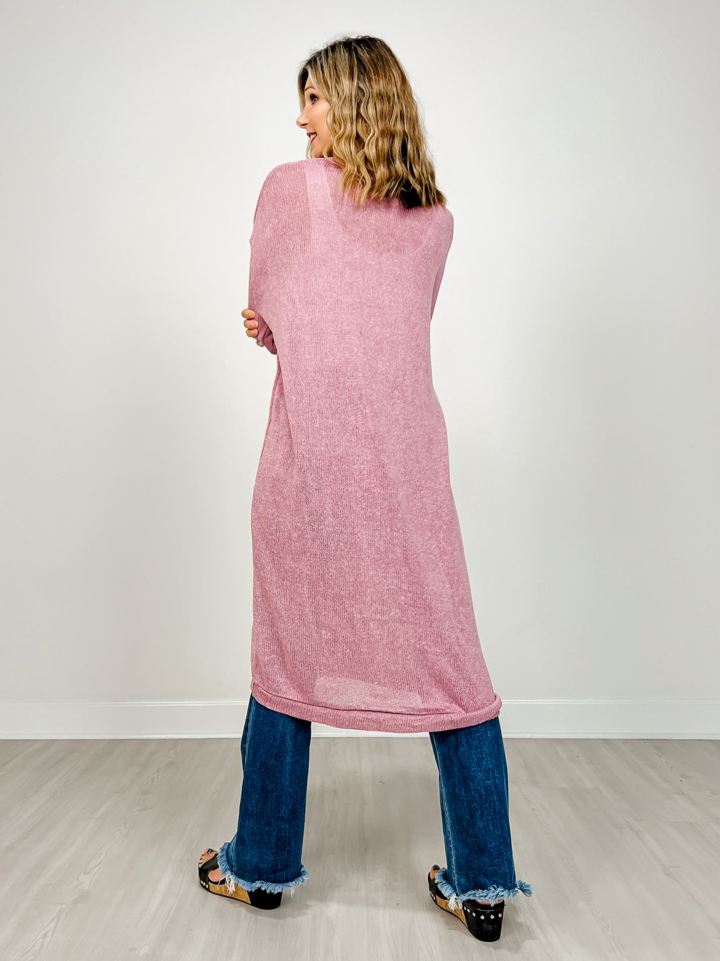 Lightweight Long Cardigan Sweater in Cashmere Rose