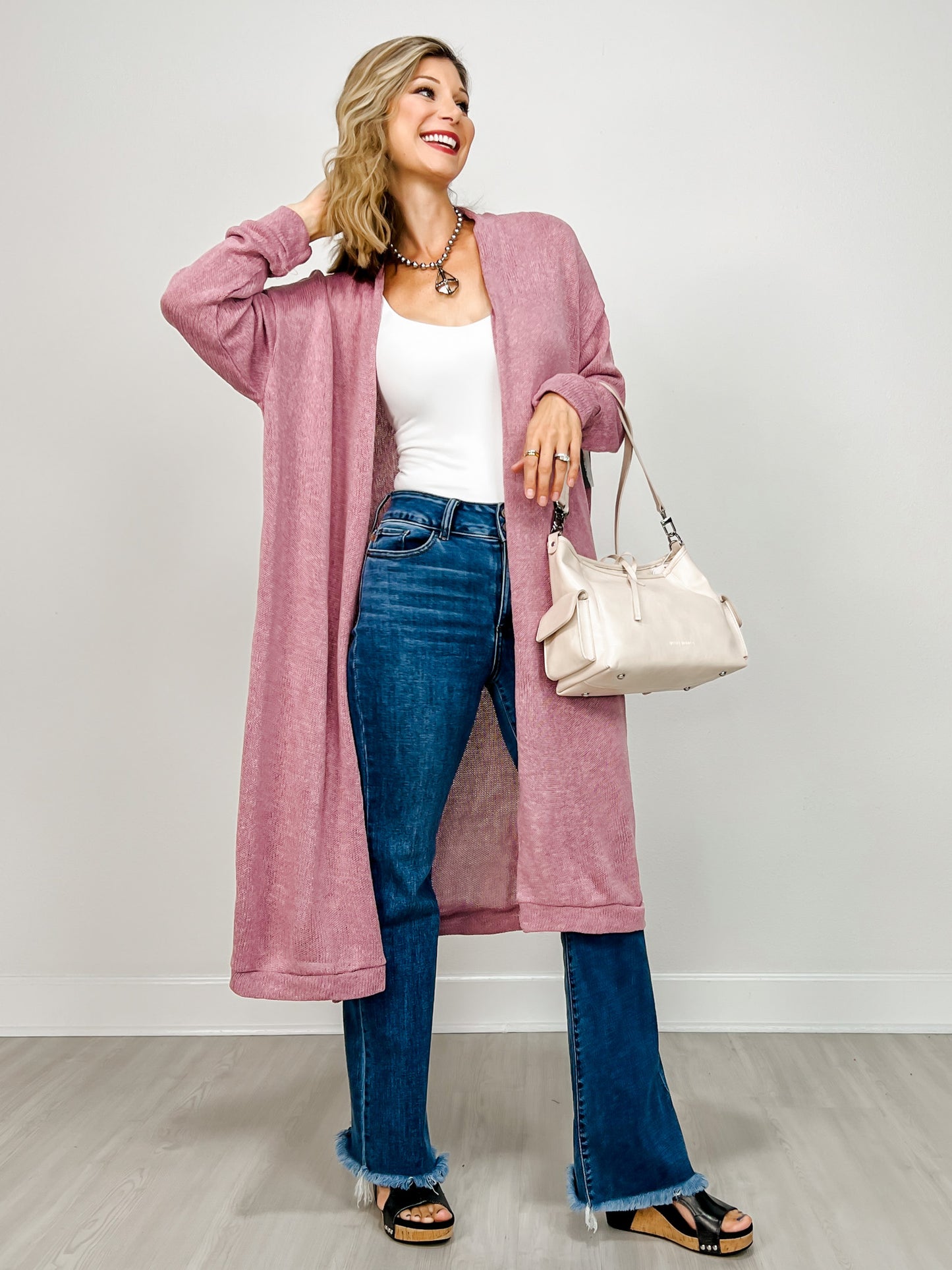 Lightweight Long Cardigan Sweater in Cashmere Rose