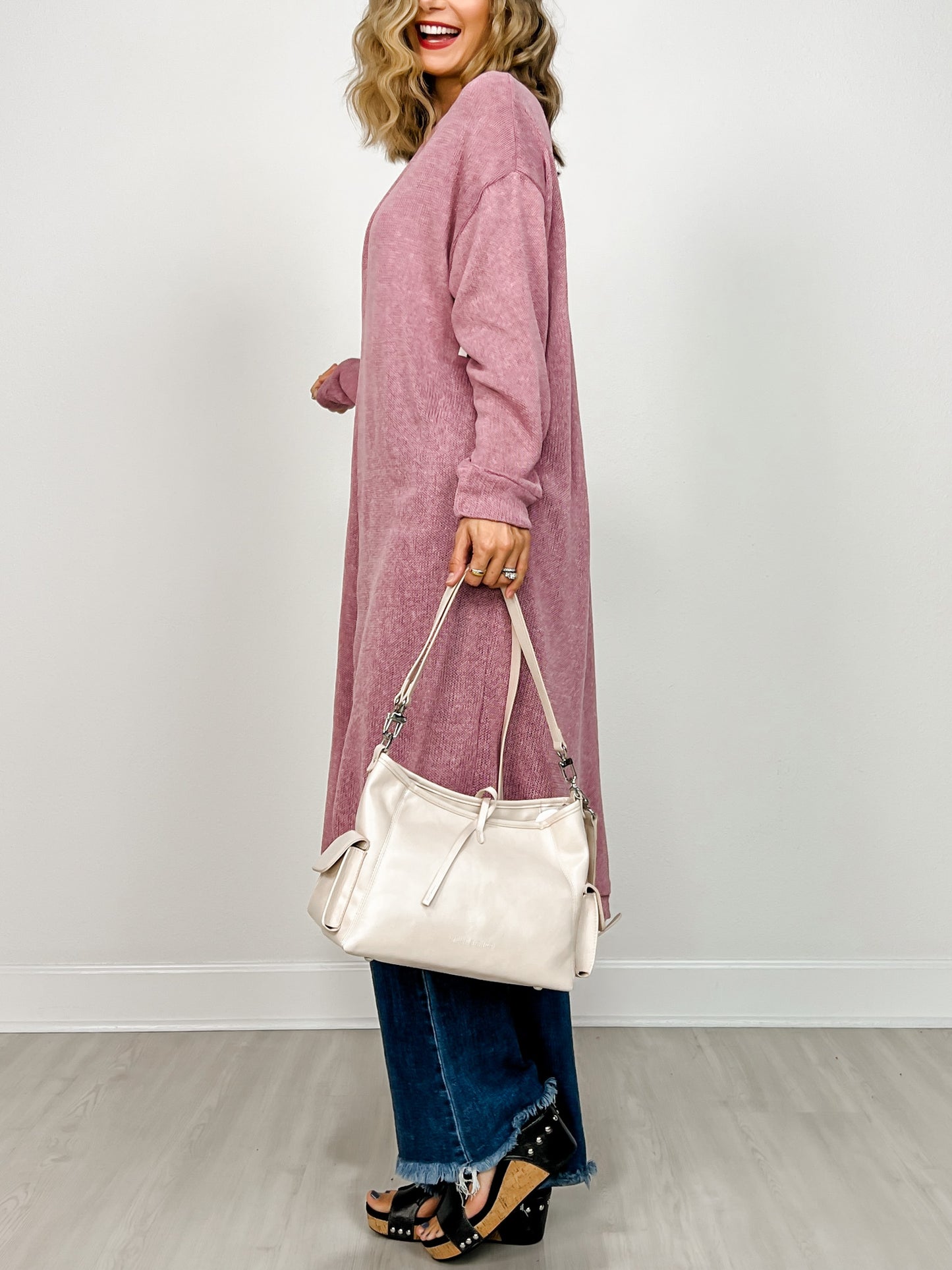 Lightweight Long Cardigan Sweater in Cashmere Rose