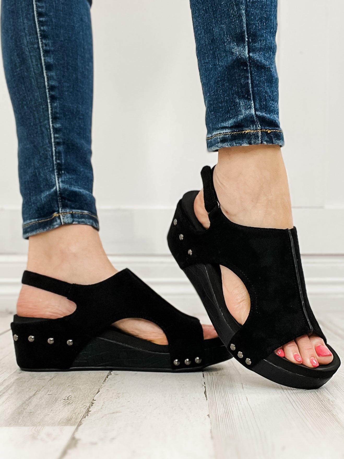 Corkys Volta II Wedge Sandals in Black Suede Croco