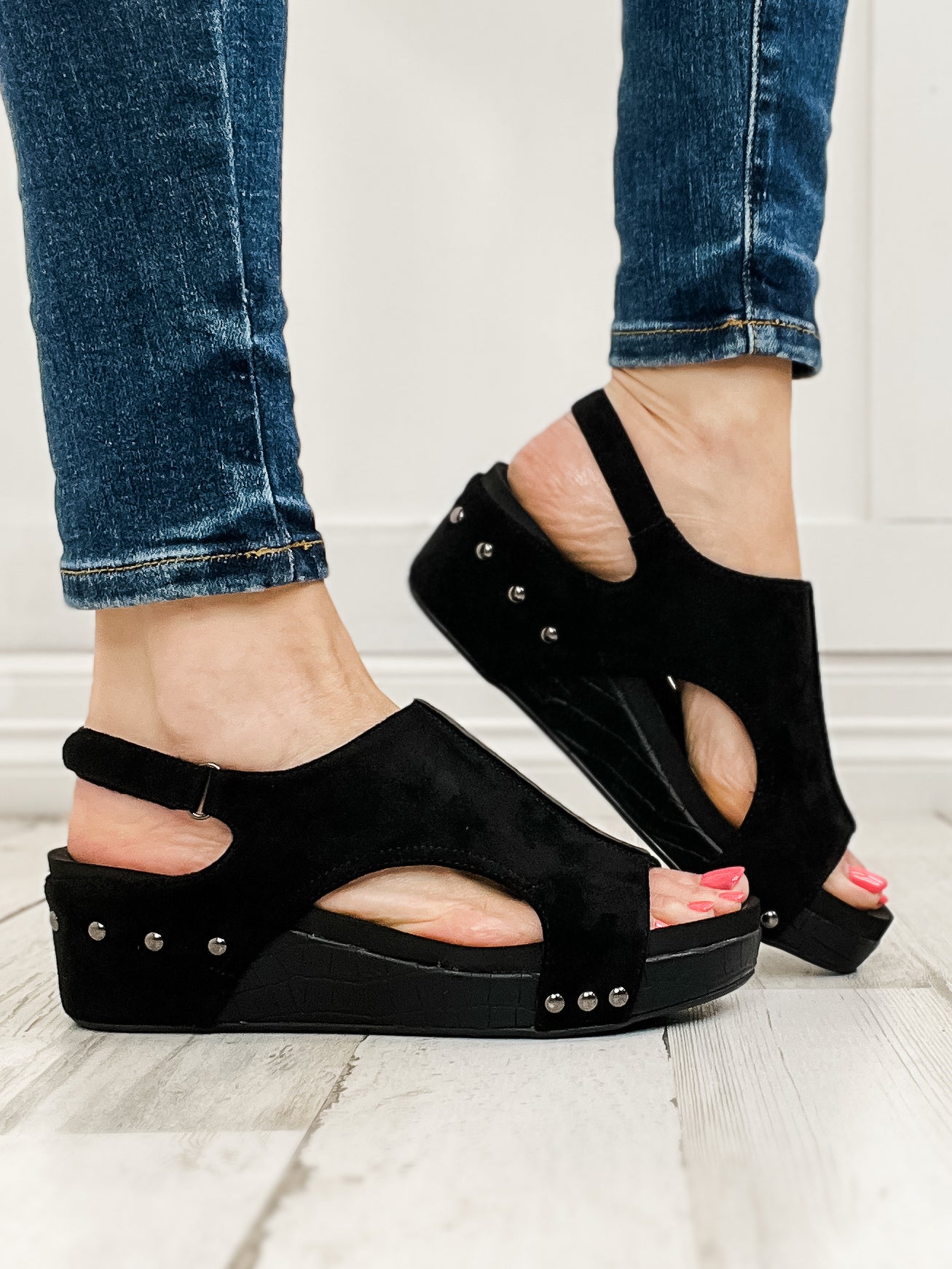 Corkys Volta II Wedge Sandals in Black Suede Croco