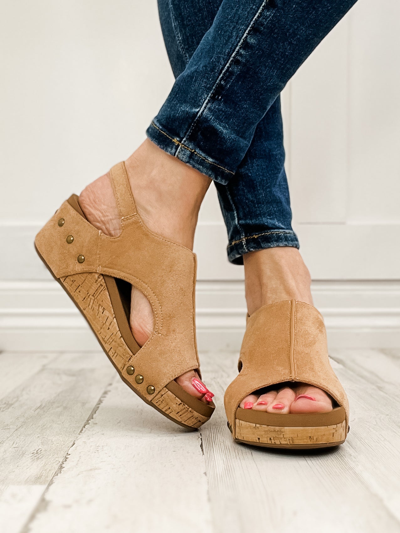 Corkys Volta II Wedge Sandals in Camel Faux Suede