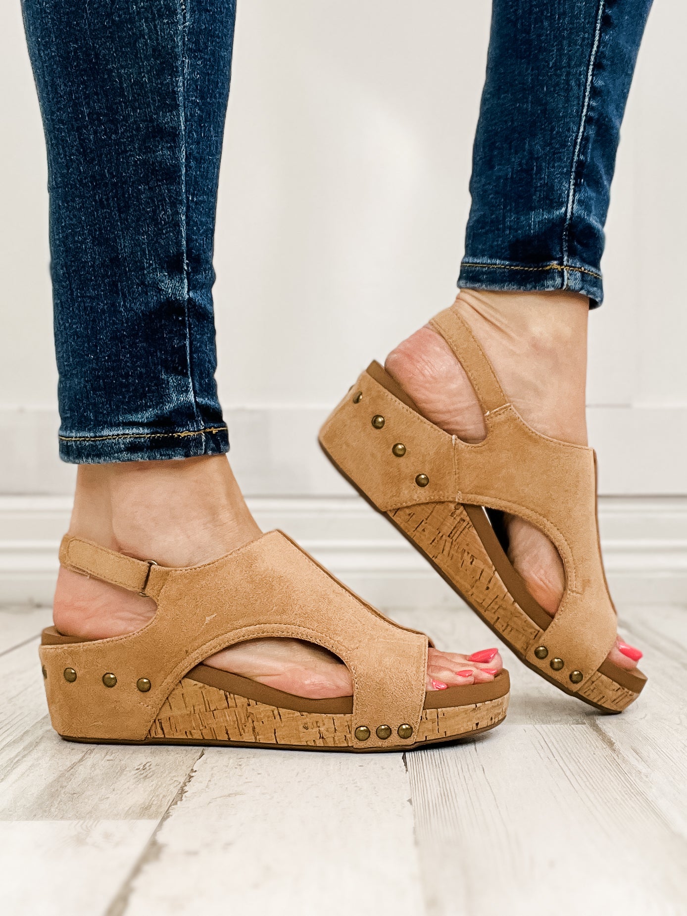 Corkys Volta II Wedge Sandals in Camel Faux Suede