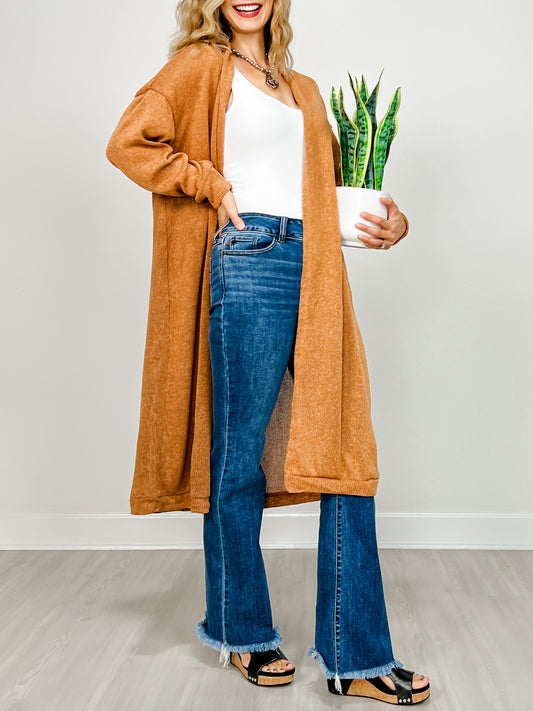Lightweight Long Cardigan Sweater in TOFFEE