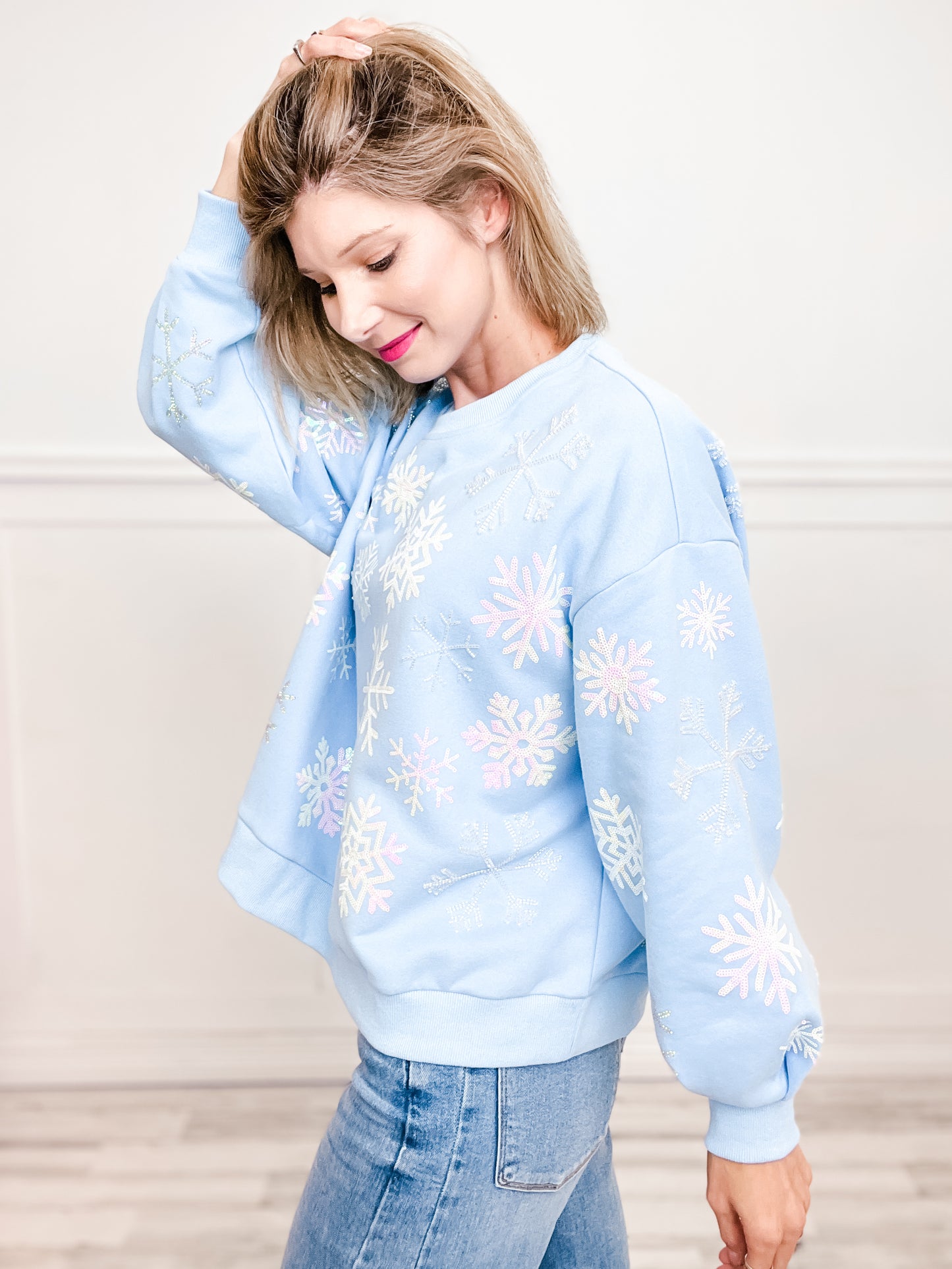 Queen of Sparkles Light Blue Iridescent Snowflakes Sweatshirt