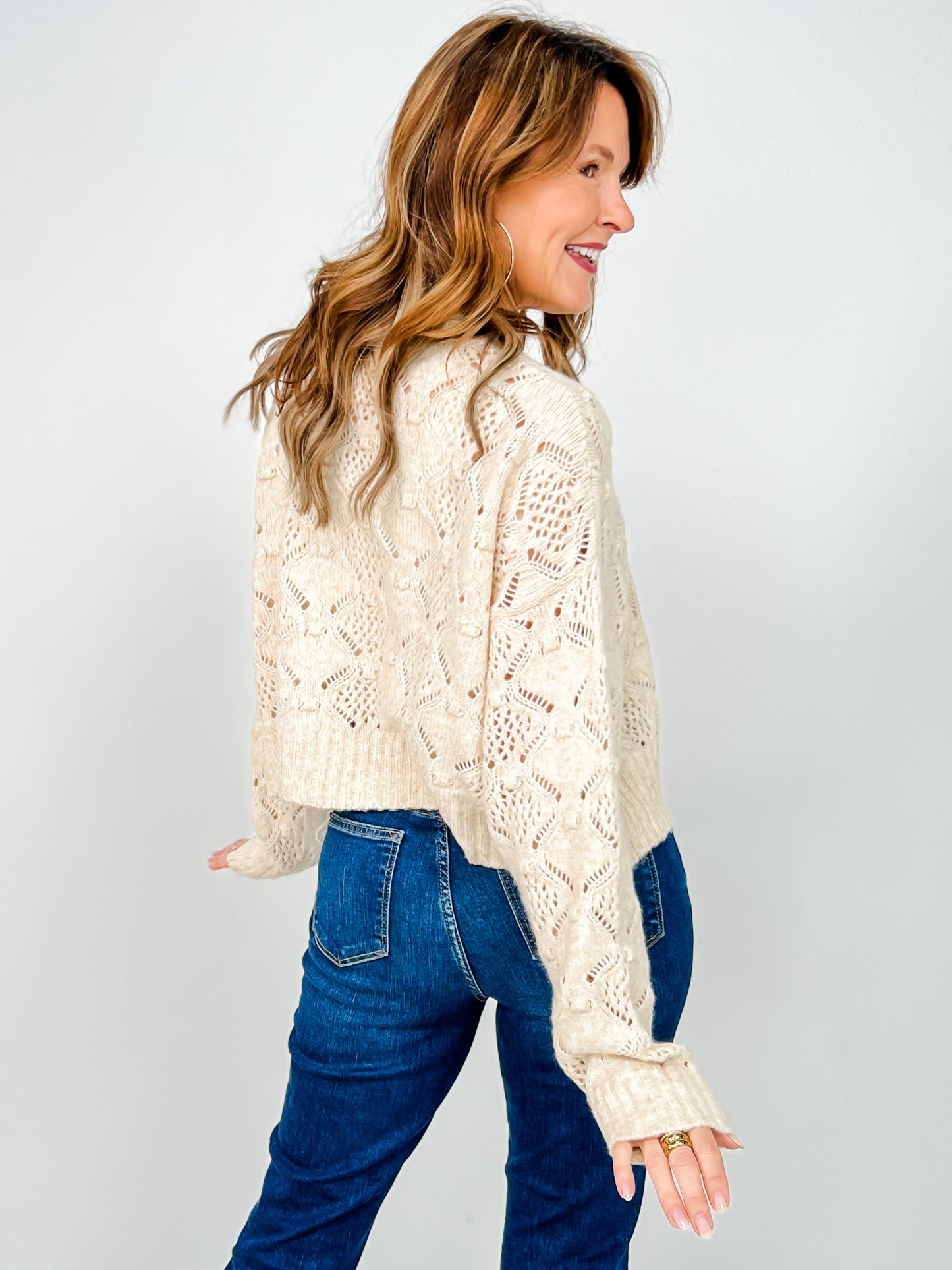 Open Knit Long Sleeve Sweater with Round Neckline