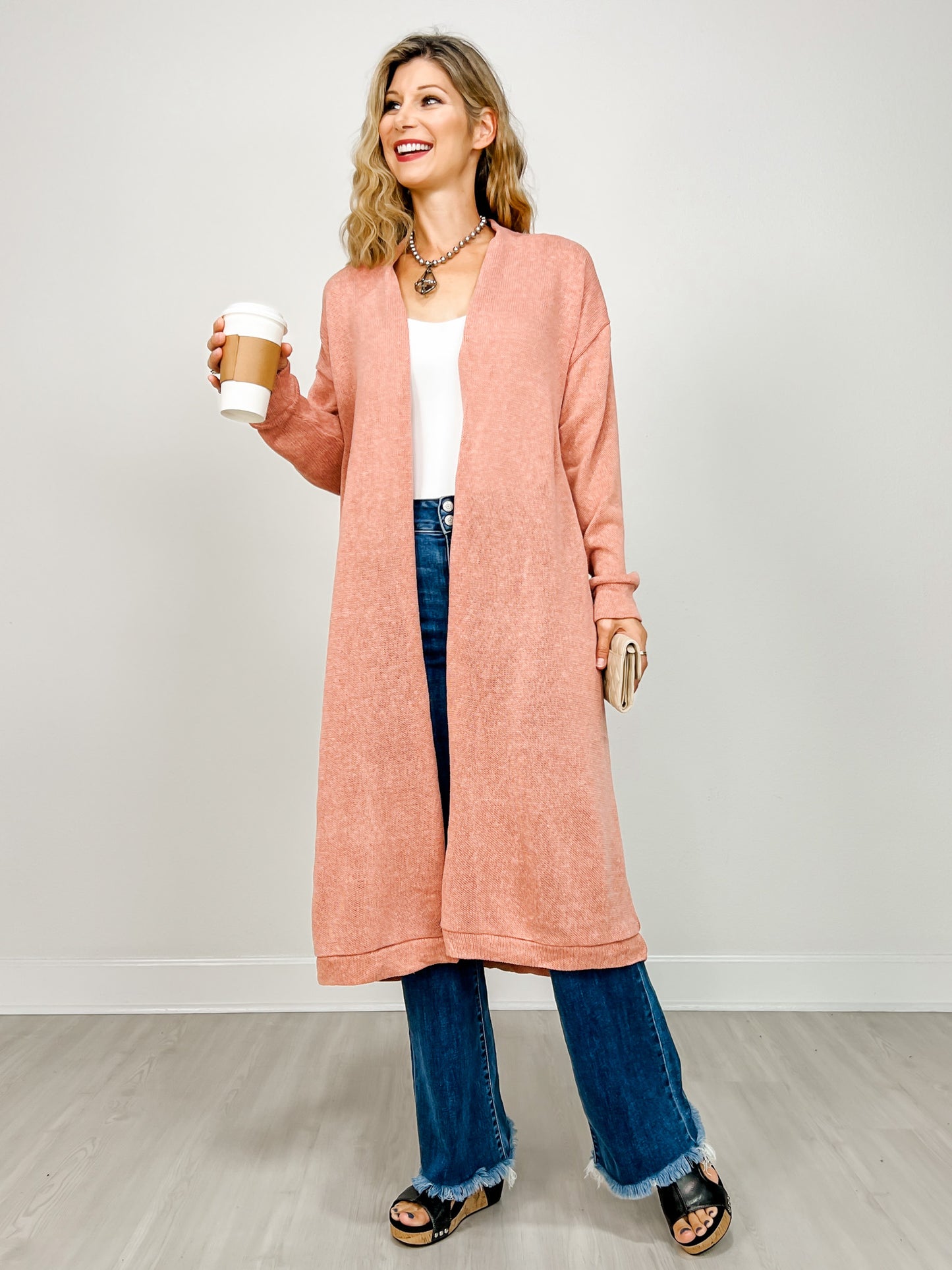Lightweight Long Cardigan Sweater in DESERT BLUSH