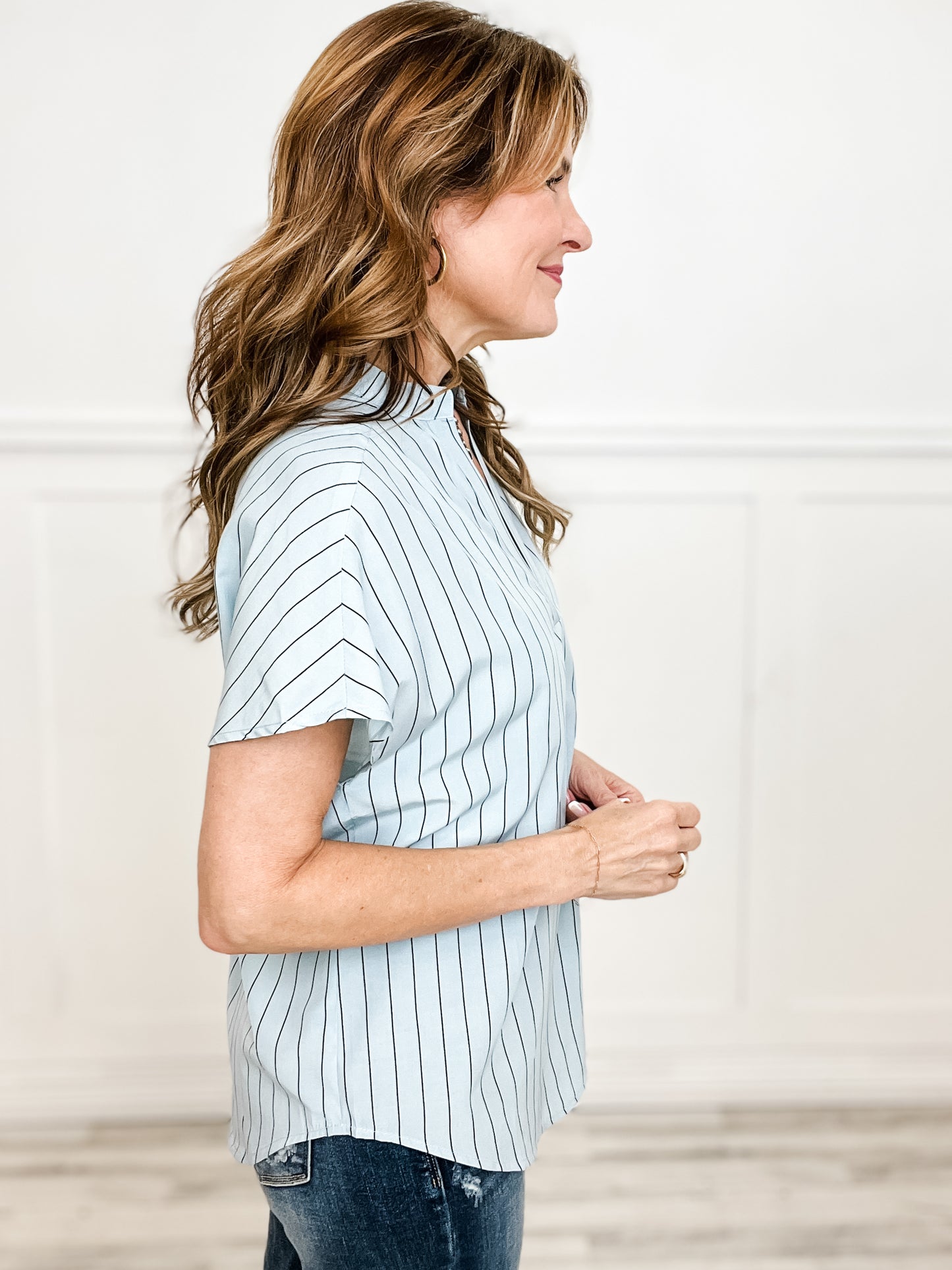 Striped Pleated Detail Short Sleeve Top