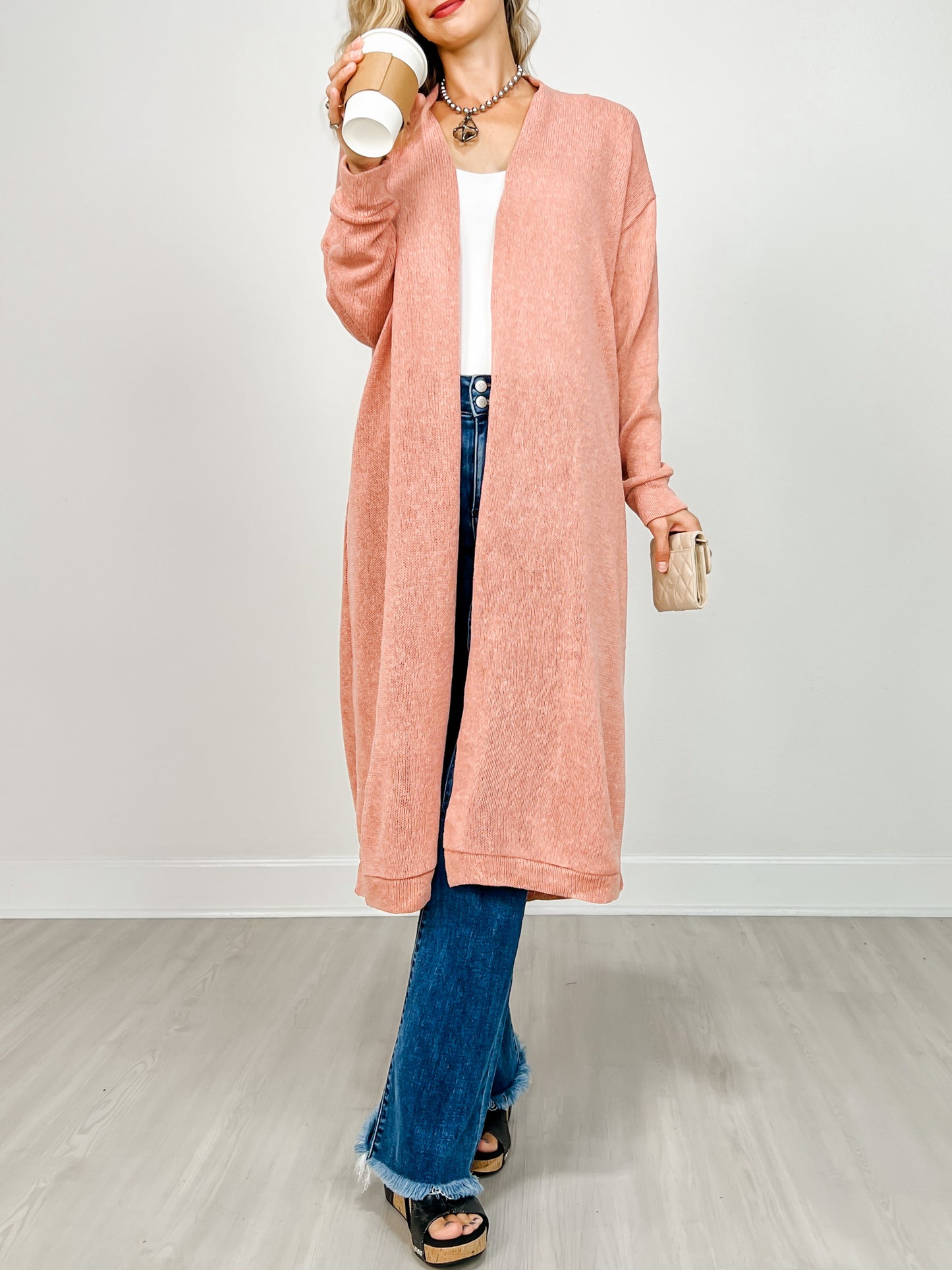Lightweight Long Cardigan Sweater in DESERT BLUSH