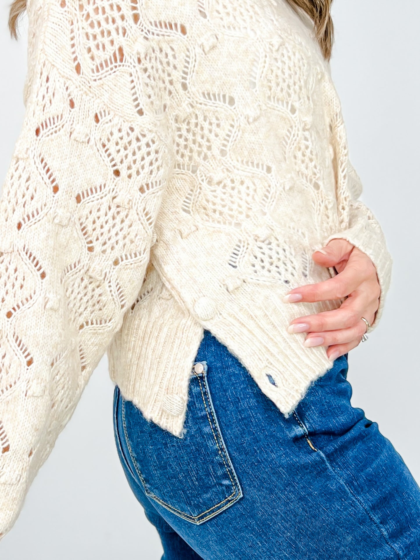 Open Knit Long Sleeve Sweater with Round Neckline