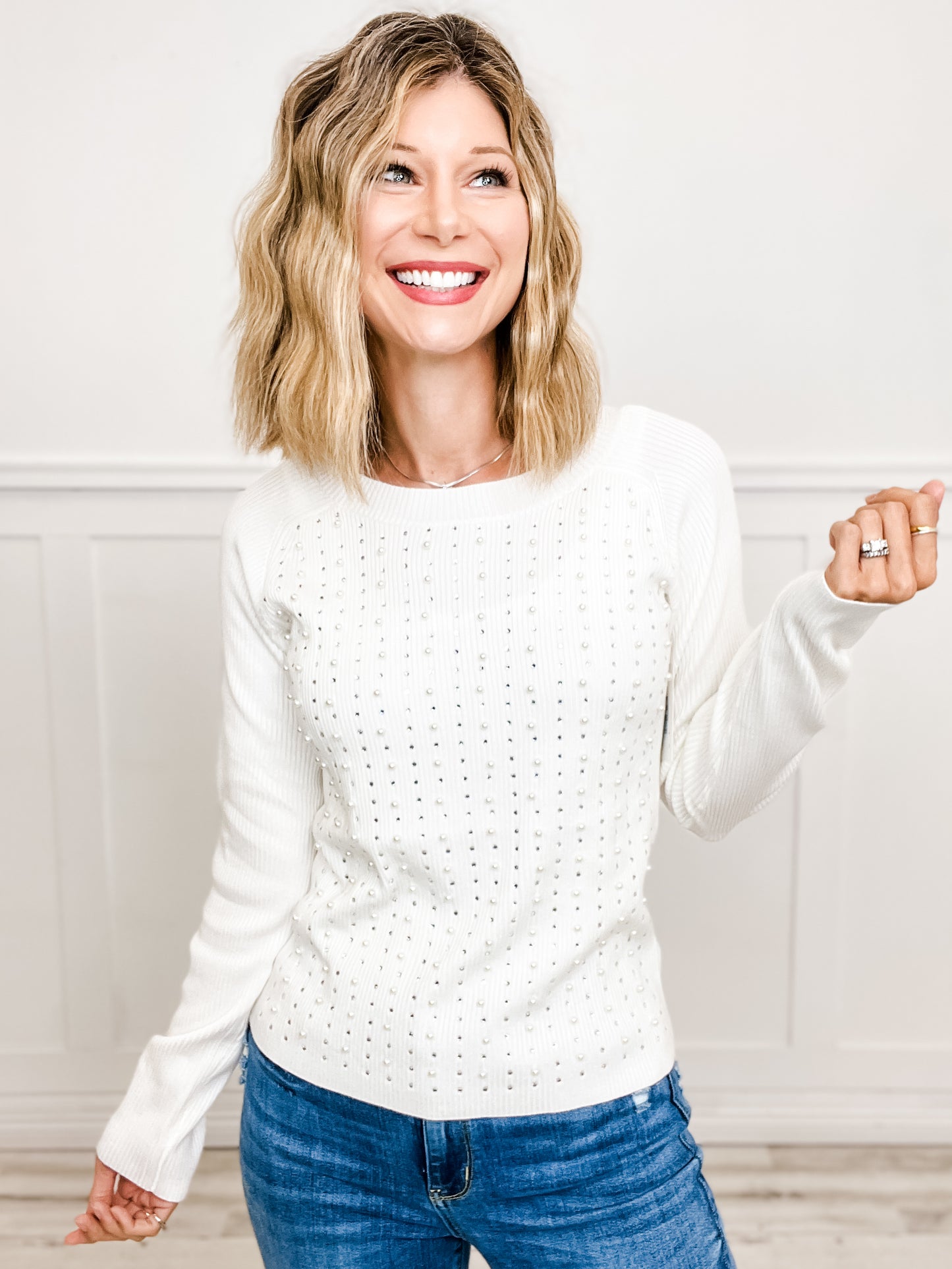 Long Sleeve Solid Woven Top with Pearl and Rhinestone Embellished Details