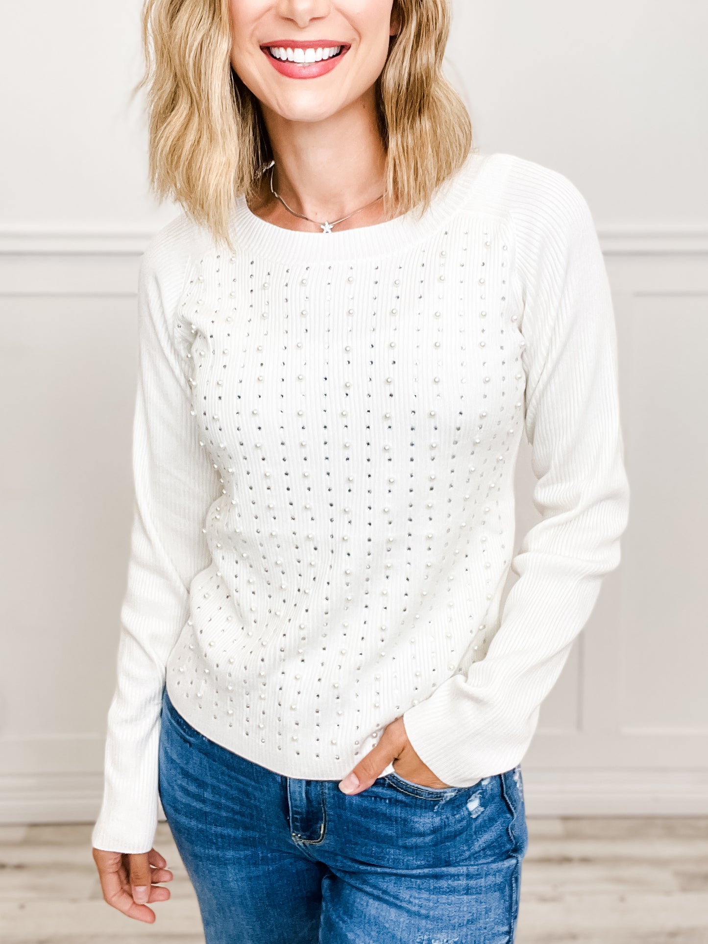 Long Sleeve Solid Woven Top with Pearl and Rhinestone Embellished Details