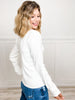 Long Sleeve Solid Woven Top with Pearl and Rhinestone Embellished Details