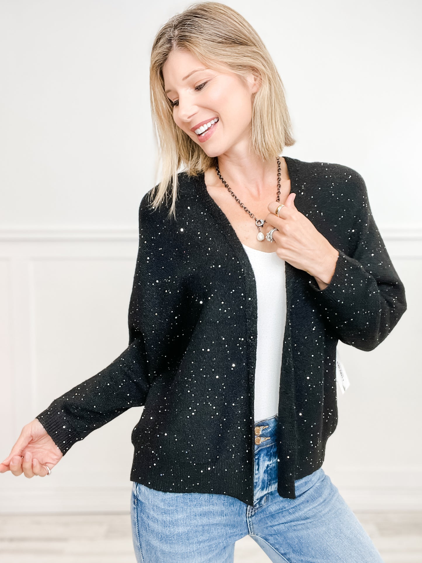 Beaded Yarn Dolman Sleeve Open Front Cardigan Sweater