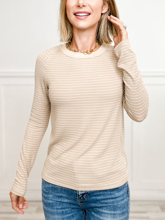 Crew Neck Raglan Sleeves Rib Jersey Stripe Pullover Top.