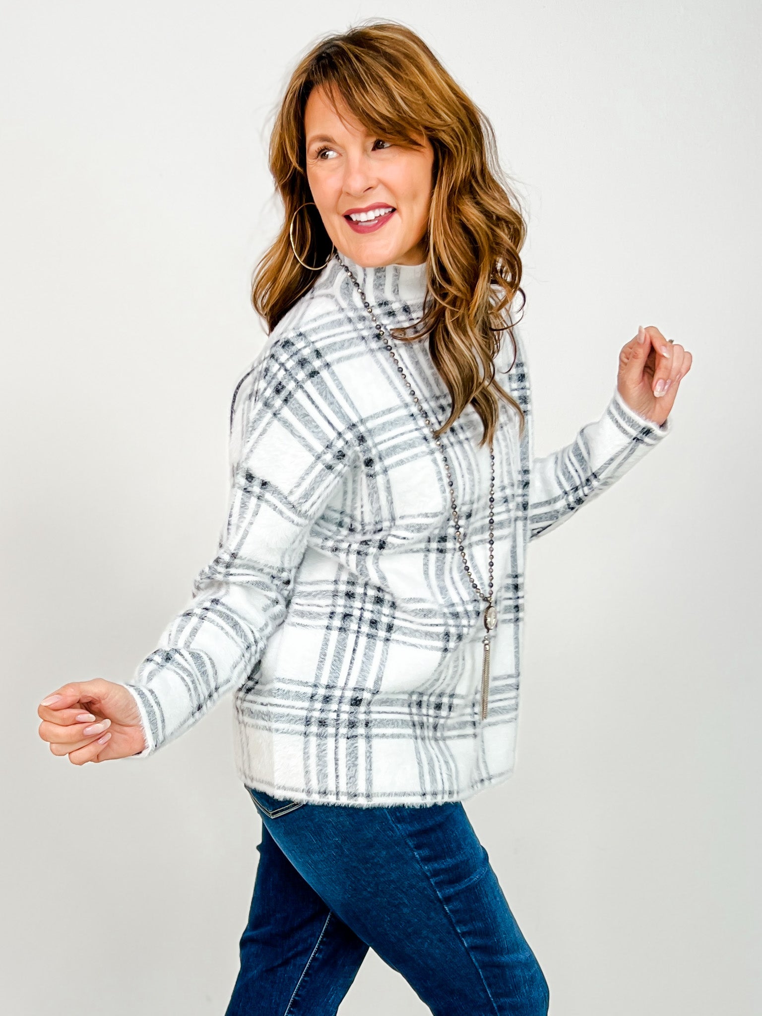 Mock Neck Plaid Knit Sweater