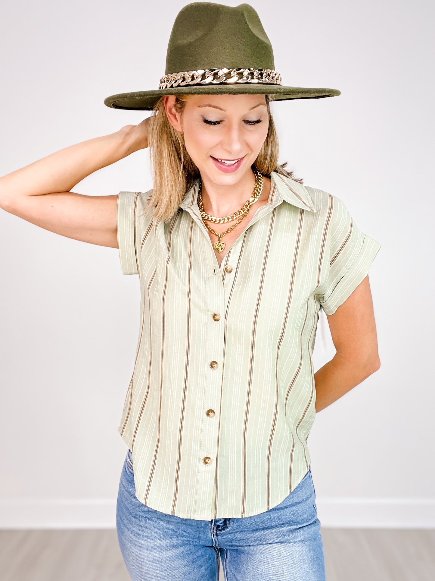 Pinstripe Short Cuff Sleeve Button Down Top