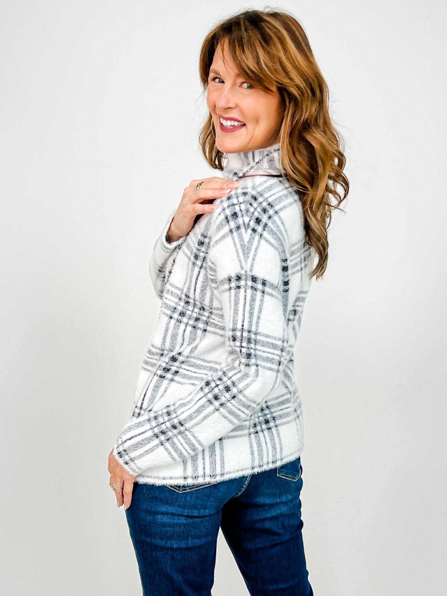 Mock Neck Plaid Knit Sweater