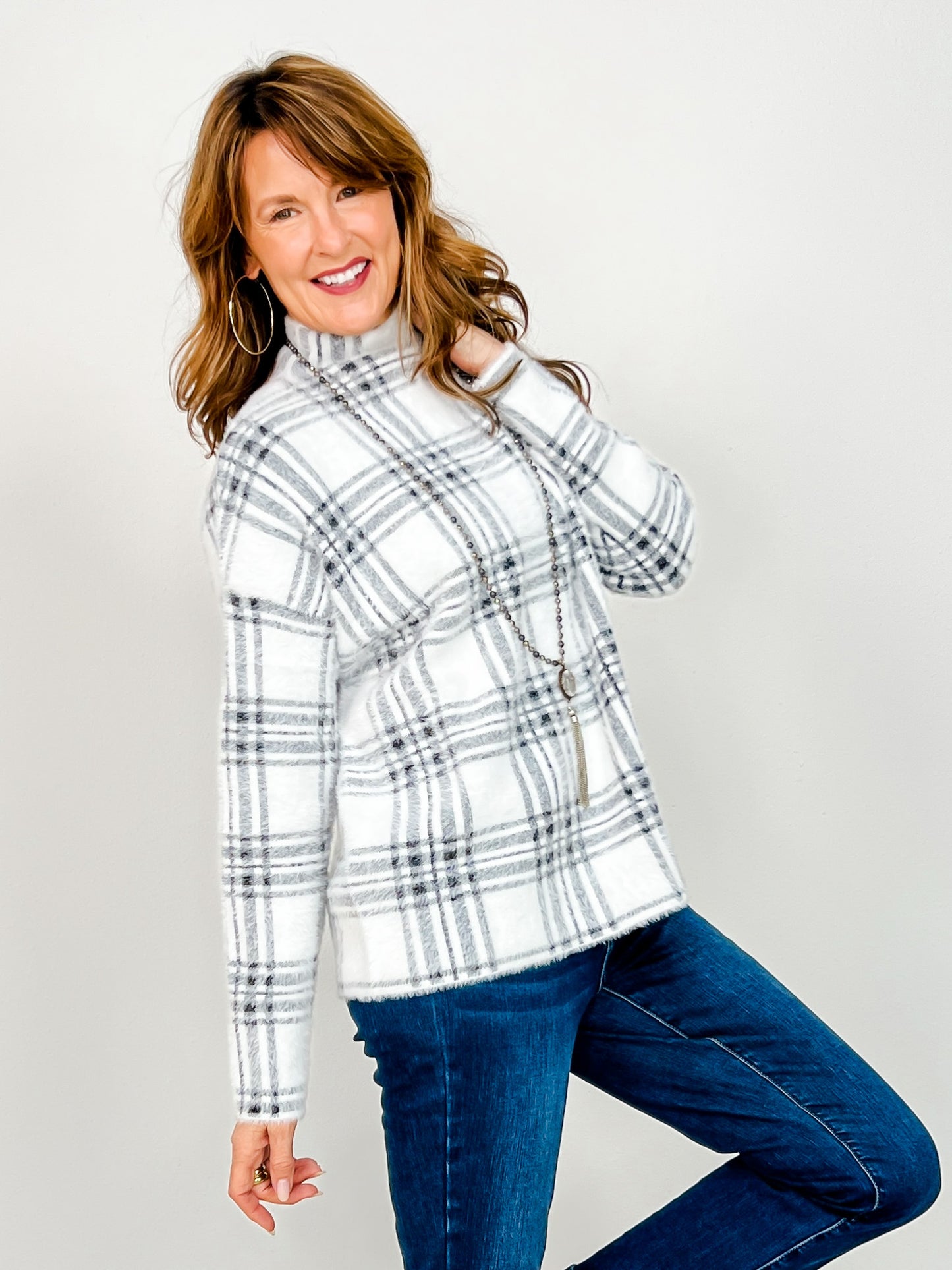 Mock Neck Plaid Knit Sweater