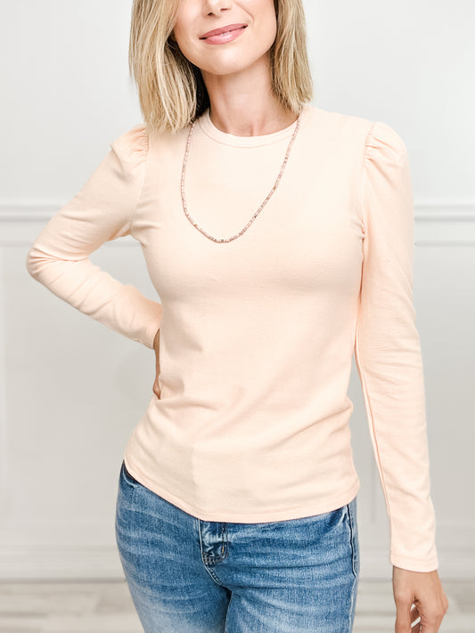 Crew Neck Puff Long Sleeve Brushed Hacci Solid Pullover Top