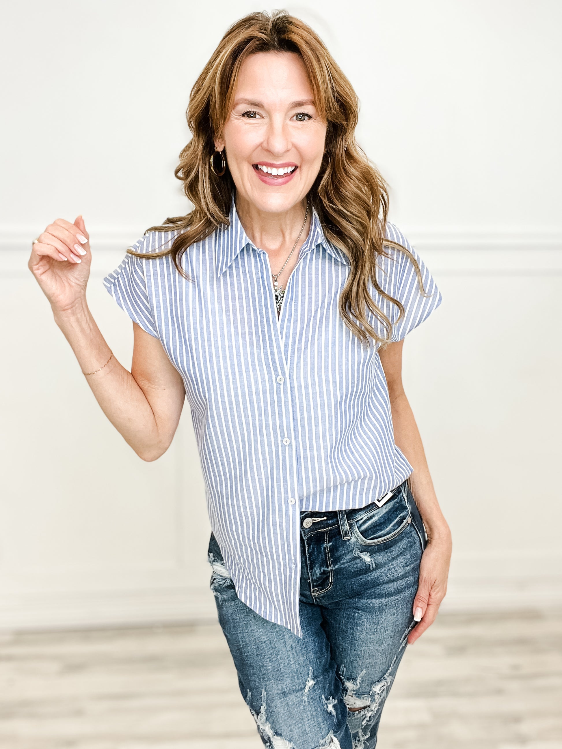 Lightweight Button Down Collared Striped Sleeveless Top