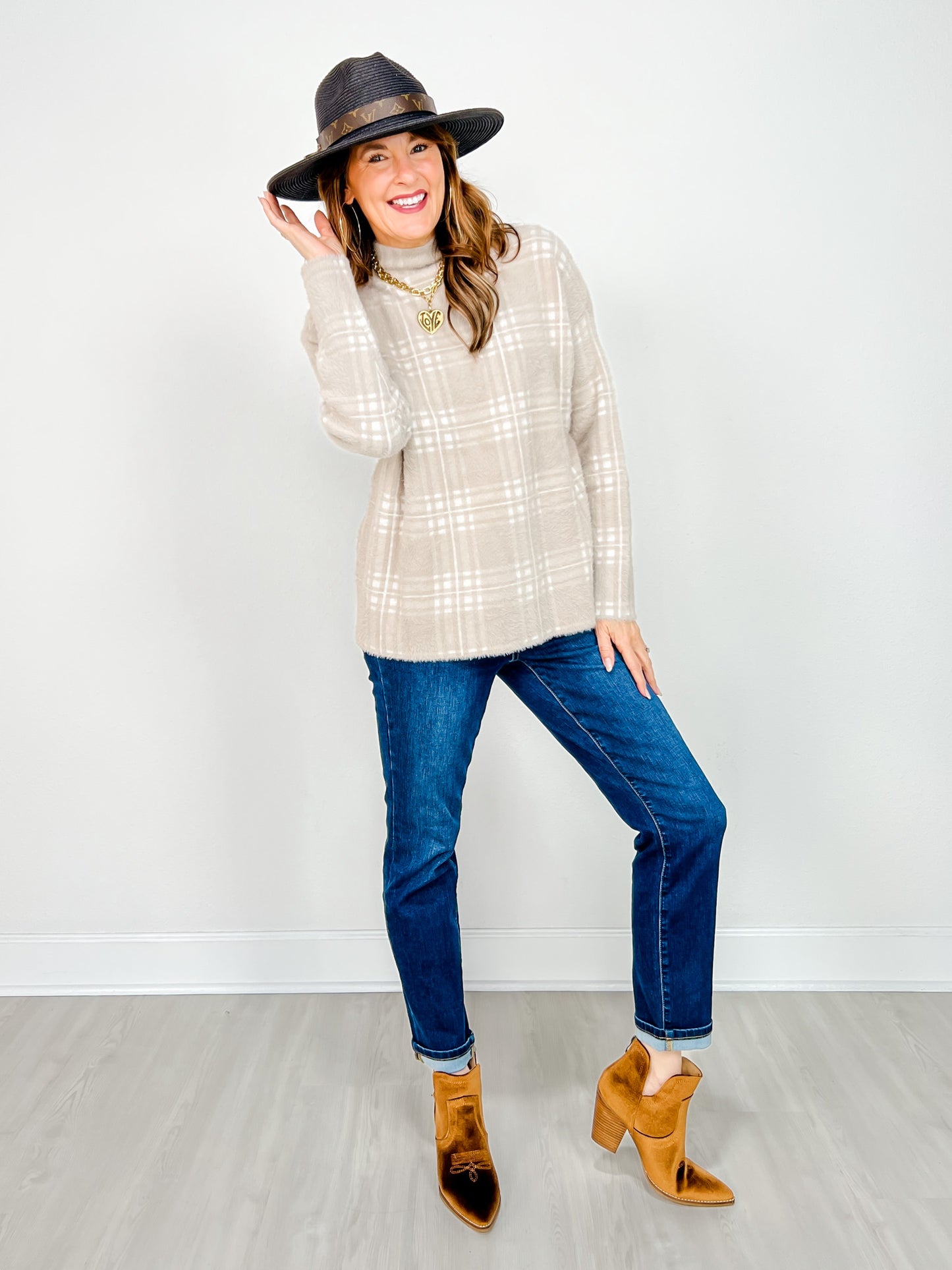 Mock Neck Plaid Knit Sweater