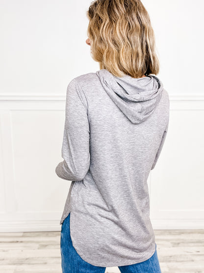 Long Sleeve Top with Adjustable Drawstring Neckline & Kangaroo Pocket