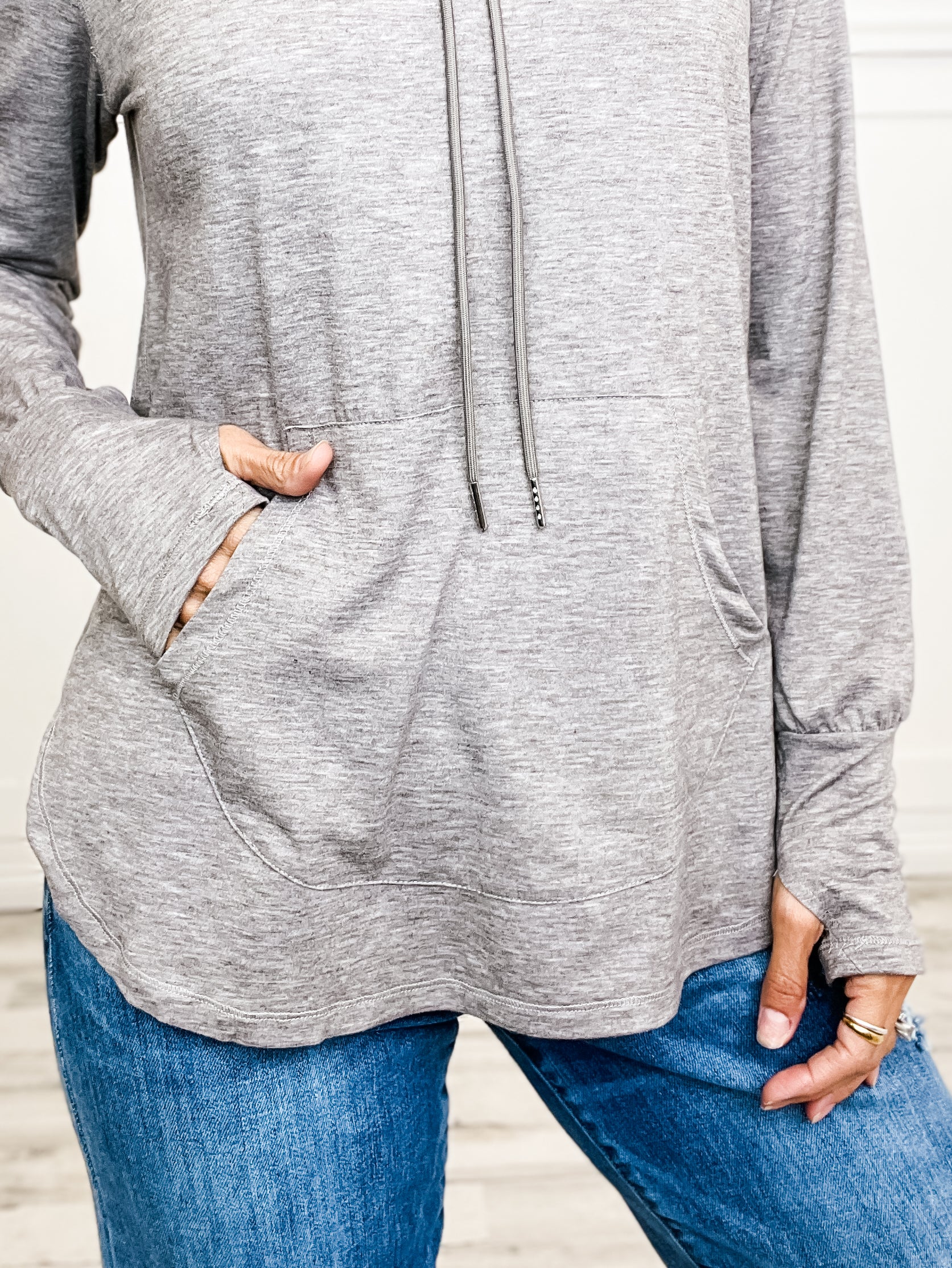 Long Sleeve Top with Adjustable Drawstring Neckline & Kangaroo Pocket