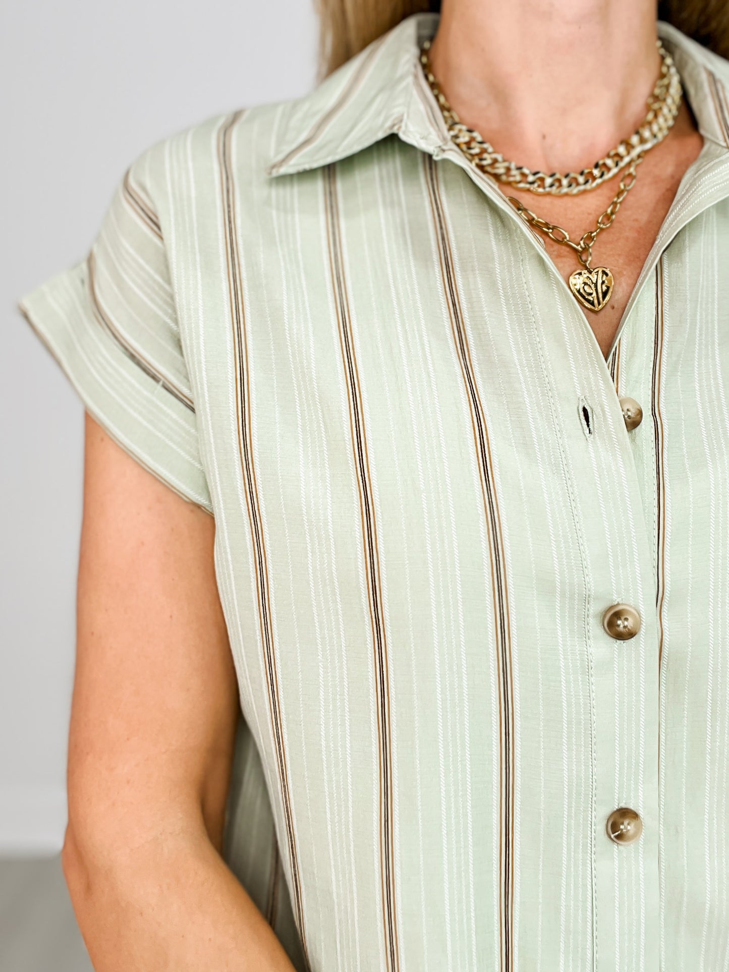 Pinstripe Short Cuff Sleeve Button Down Top