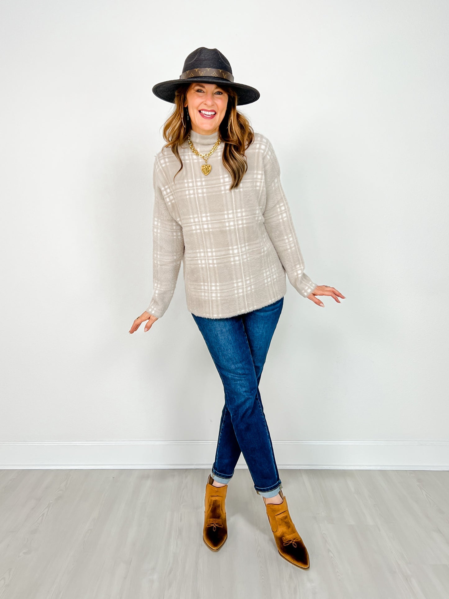 Mock Neck Plaid Knit Sweater