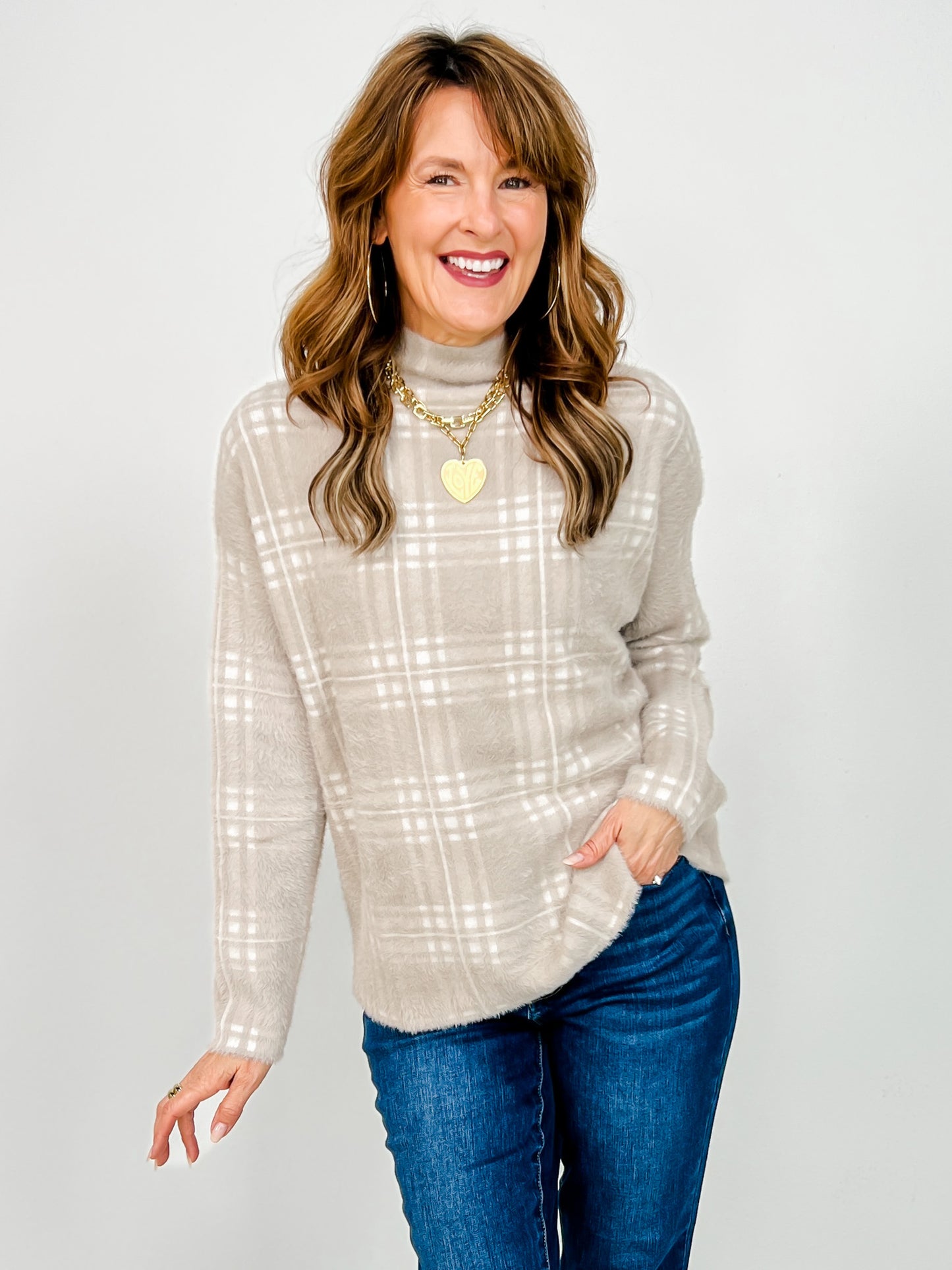 Mock Neck Plaid Knit Sweater