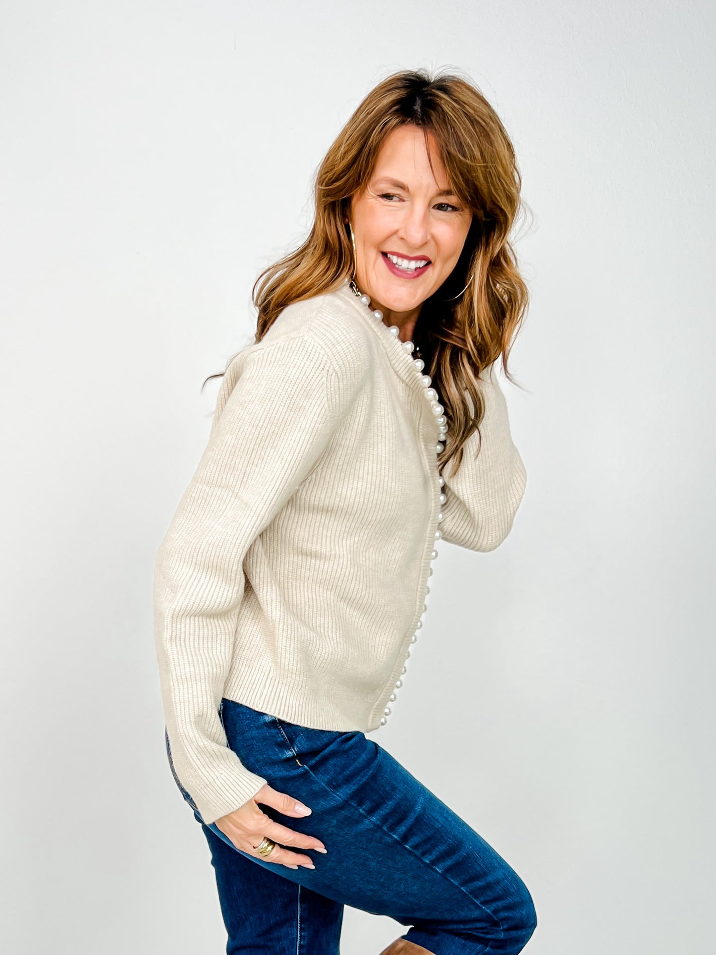 Pearl Lined Neckline Button Down Knit Cardigan